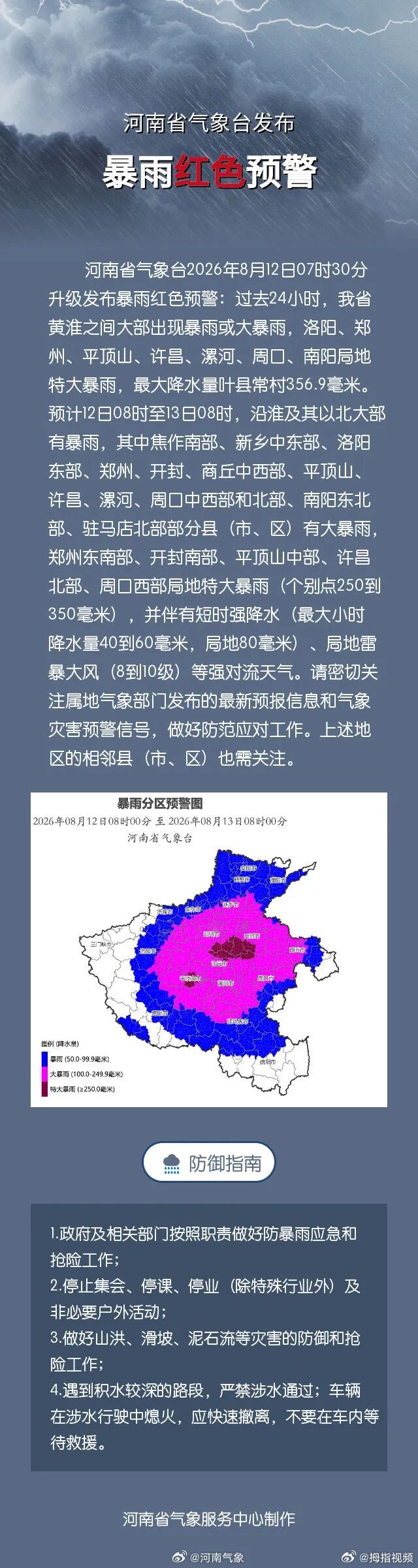 【河南今日发布暴雨红色预警】河南停课停业停止集会8月12日，河南省气象台2026