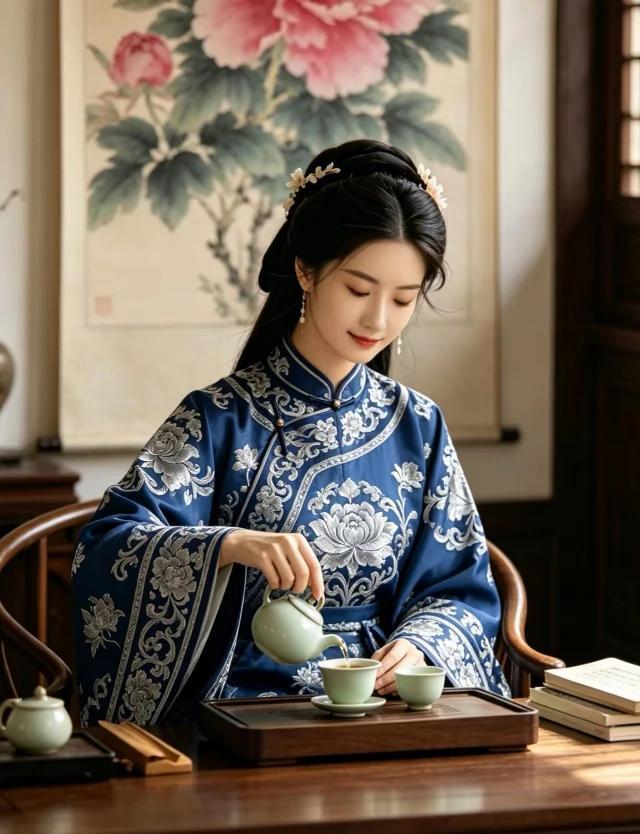 红袖添香煮碧茶、
柔姿轻拢鬓边花、
沸汤漫溢清幽味、
精湛茶艺人人夸。