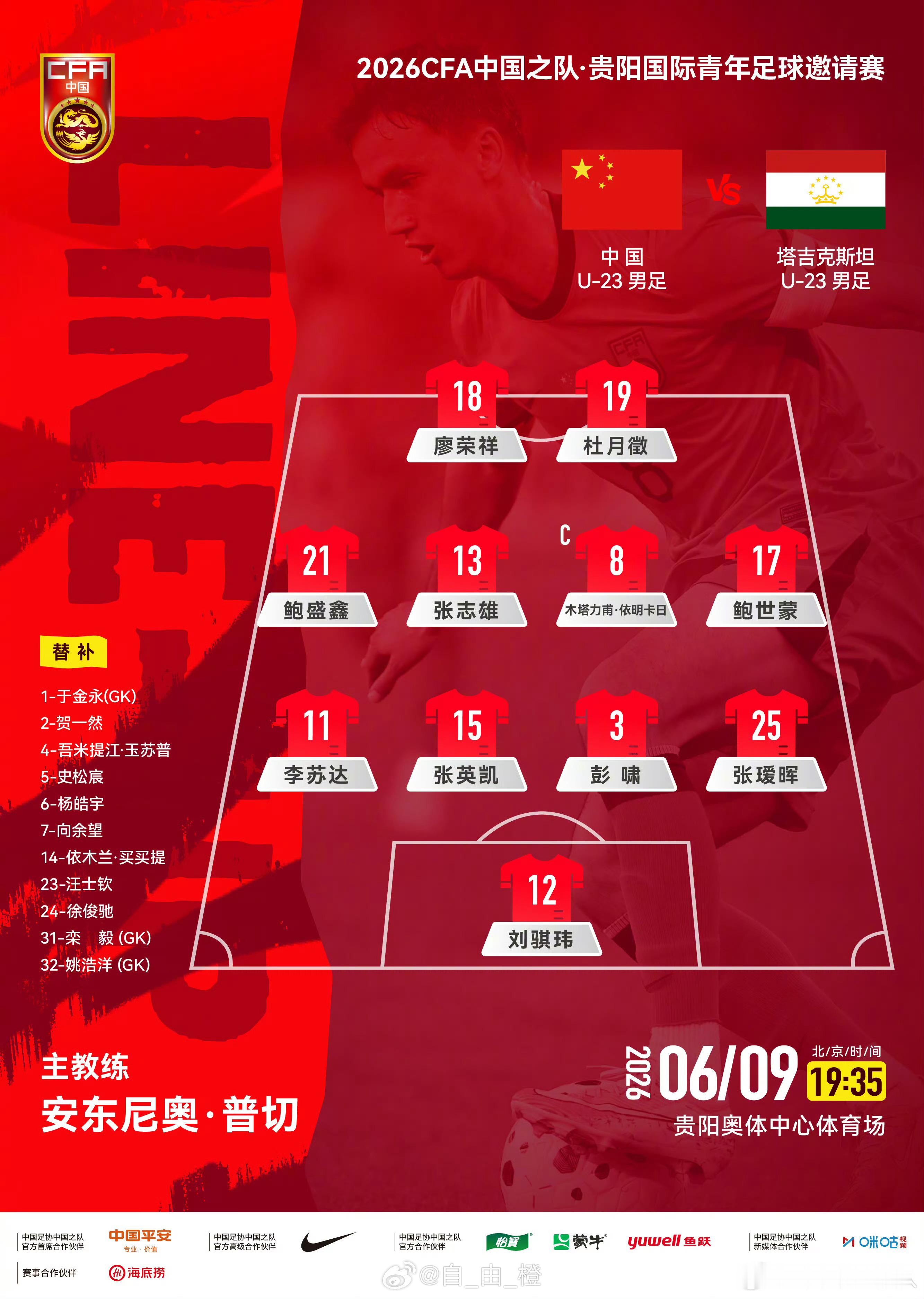 中国U23VS塔吉克斯坦U23，首发阵容出炉，泰山队彭啸、刘骐玮首发，史松宸、依
