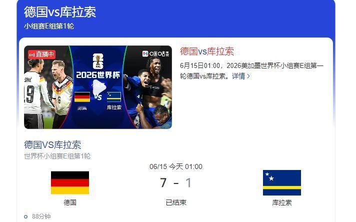 德国队又在世界杯上“开屠宰场”了！2026年6月15日，面对首次亮相世界杯、人口