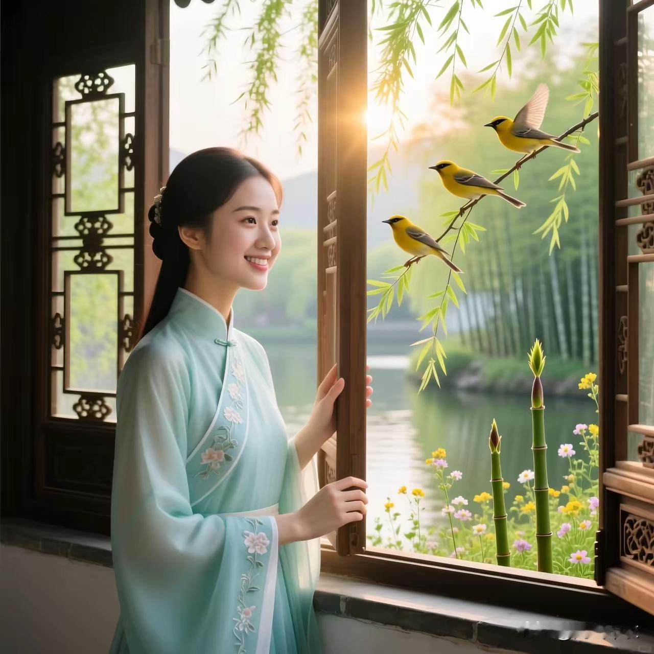 四块玉·春晓 
莺语轻，柳风软，
新雷惊破笋芽眠，
推窗一握春光满。
花自香，晓