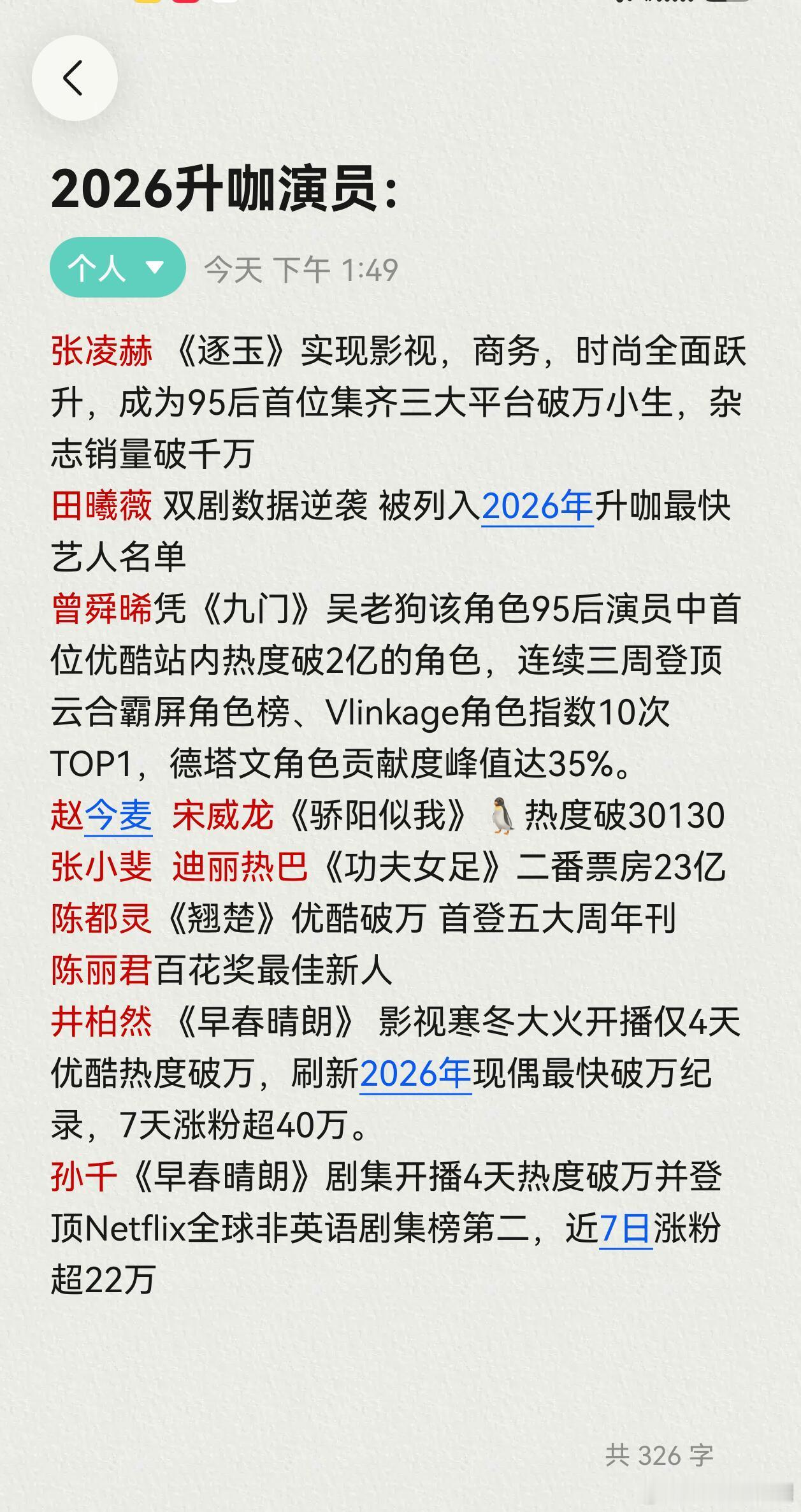 网友总结的2026年升咖艺人，大家认可吗？ ​​​