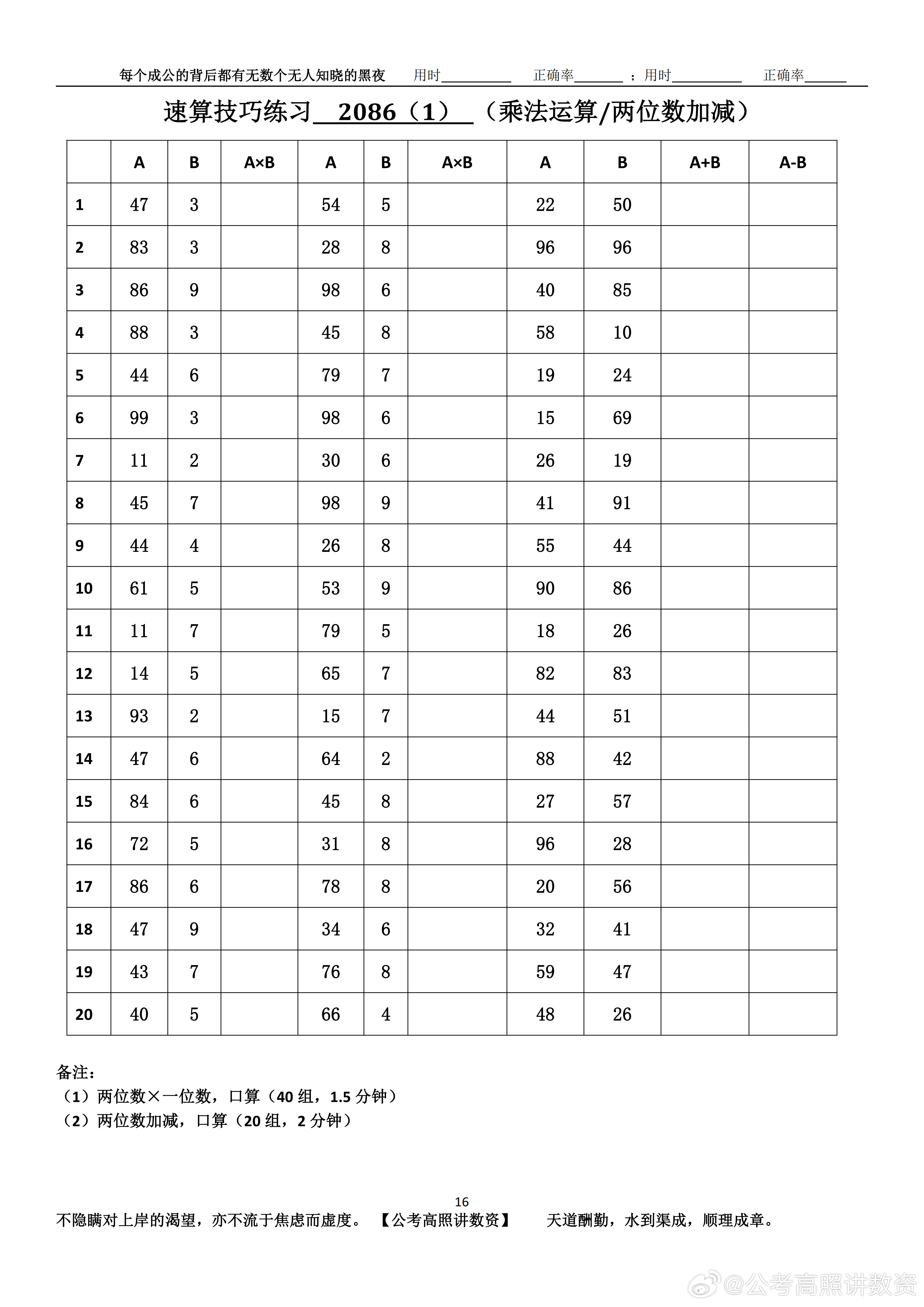 跟着高照练速算决战公考  速算练习2086相信自己，努力学习。速算链接汇总：网页