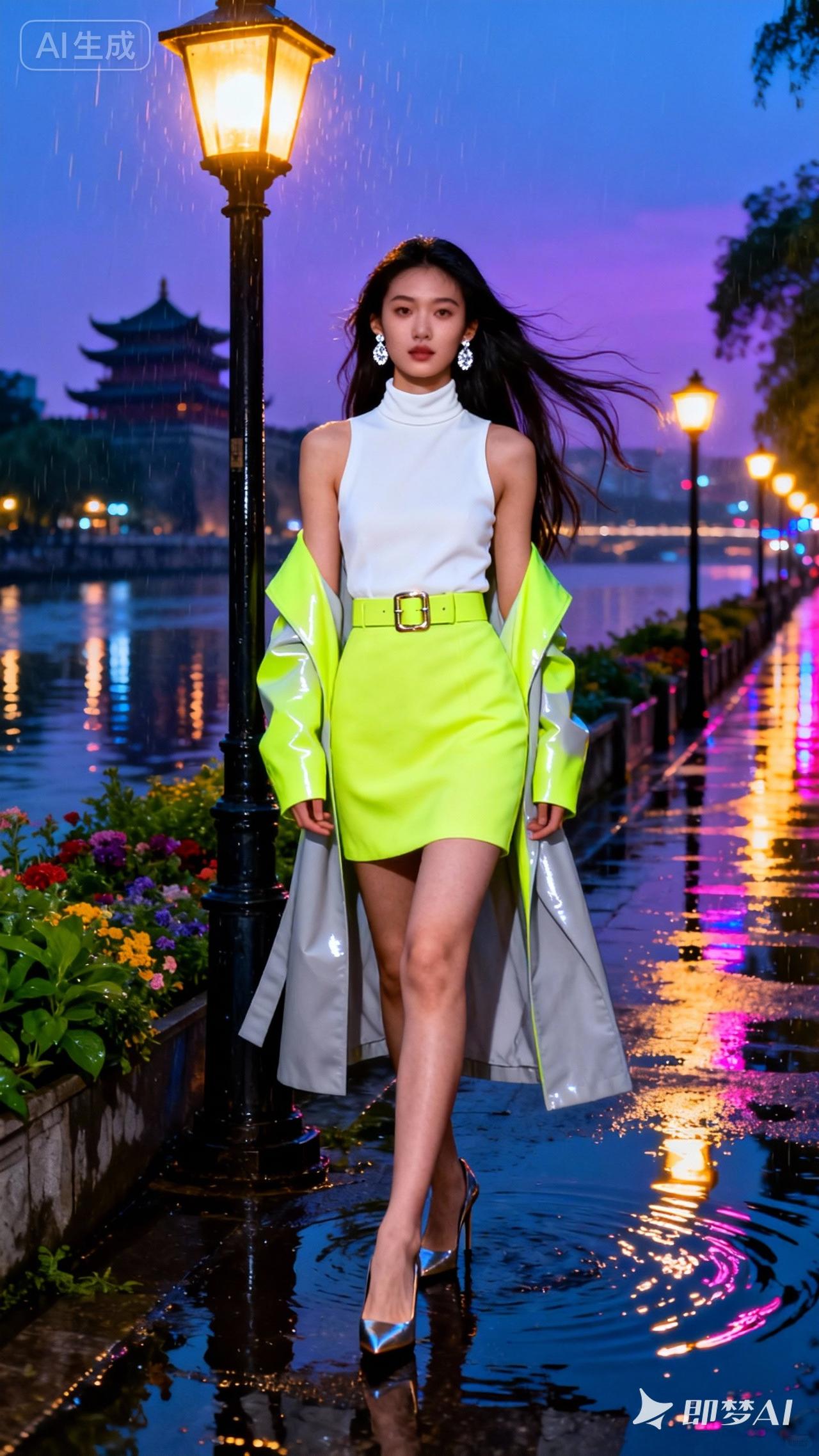 雨中漫步，灯影婆娑。