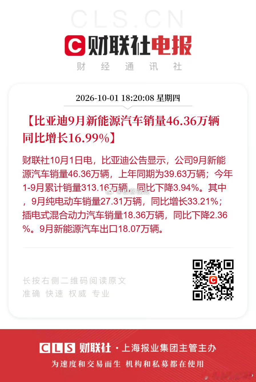 比亚迪销量 46.36万辆！比亚迪9月销量依旧凶猛。这次最大的亮点是纯电车型（2