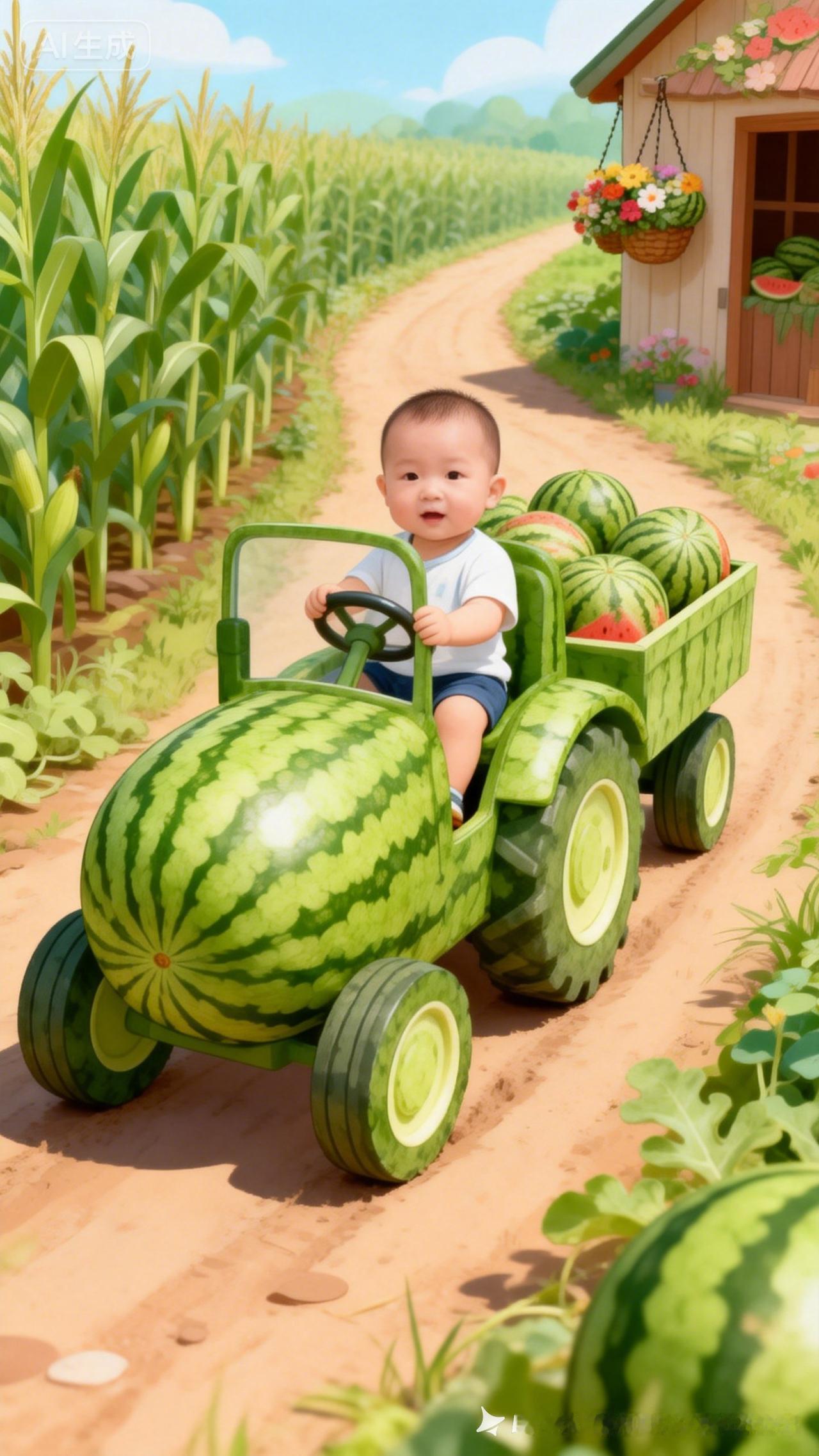 萌娃驾驶西瓜车，童趣满满！🌾🚜🍉