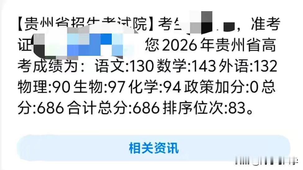 贵州遵义道真中学2026年高考物理类最高分686分，全省排名83位，通过国家专项