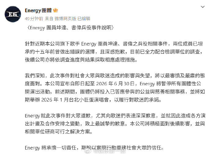 Energy官宣休团 此前，Energy的书伟和坤达就逃兵役事件均已认罪交保。稍