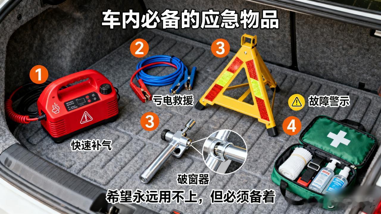 车内必备的应急物品

你车里备着哪些应急物品？我的清单：充气泵、搭电线、反光三脚