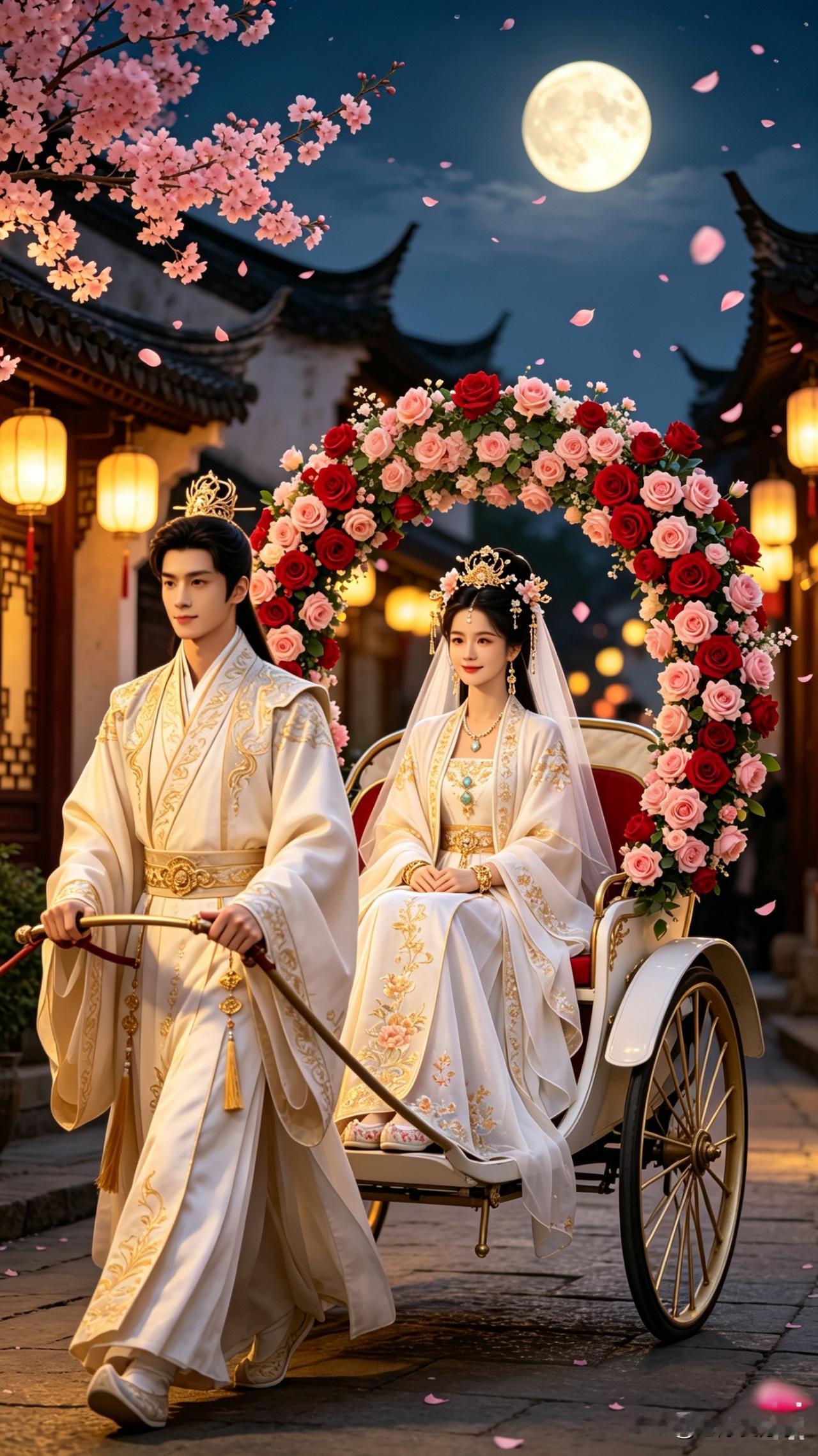 鹧鸪天·月夜迎亲

皓月当空照画檐，落英缤纷满长街。
郎君执辔牵香车，娘子含羞坐