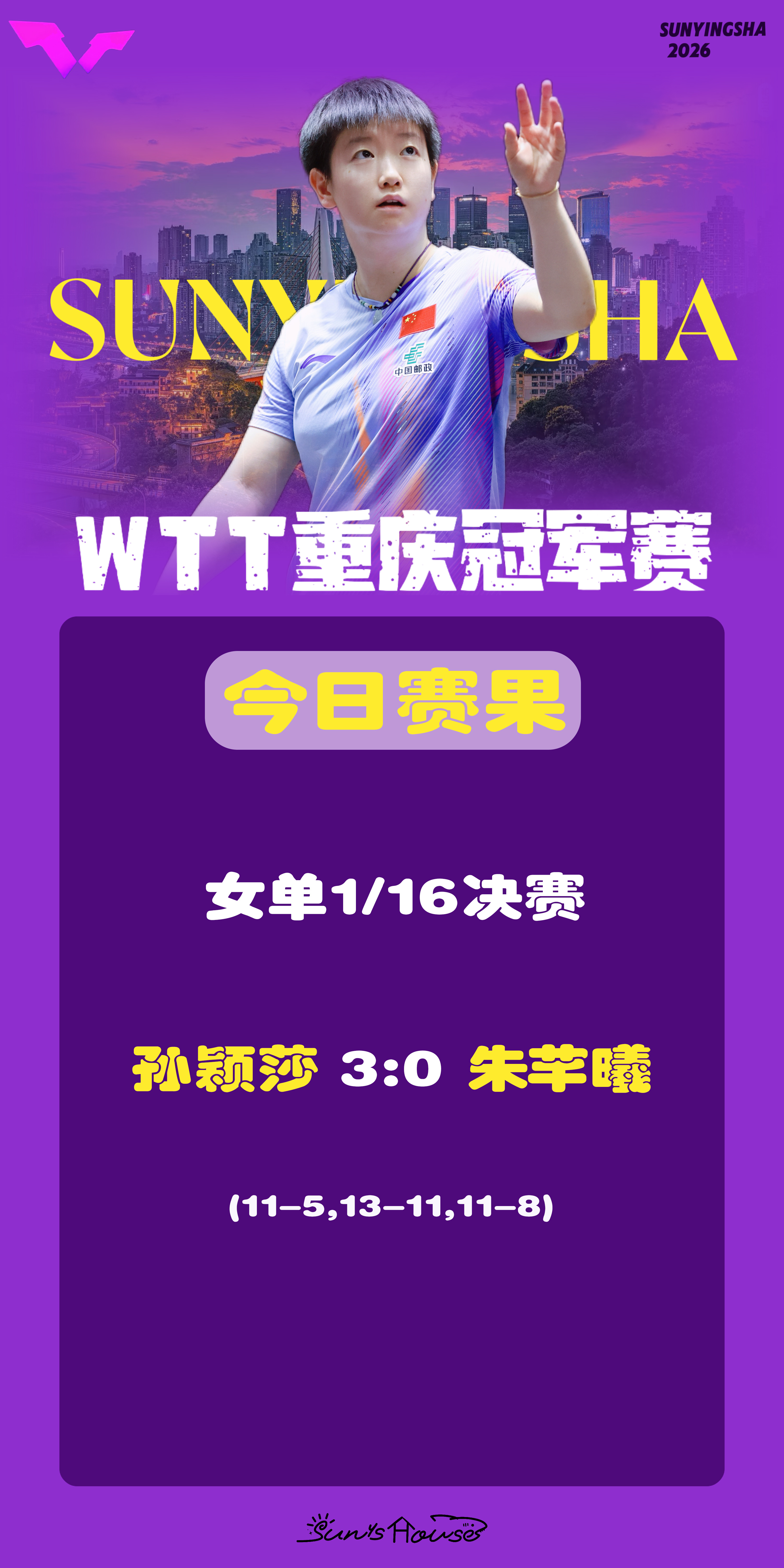 孙颖莎  🏓WTT重庆冠军赛2026 【今日赛果】女单1/16决赛孙颖莎🇨?