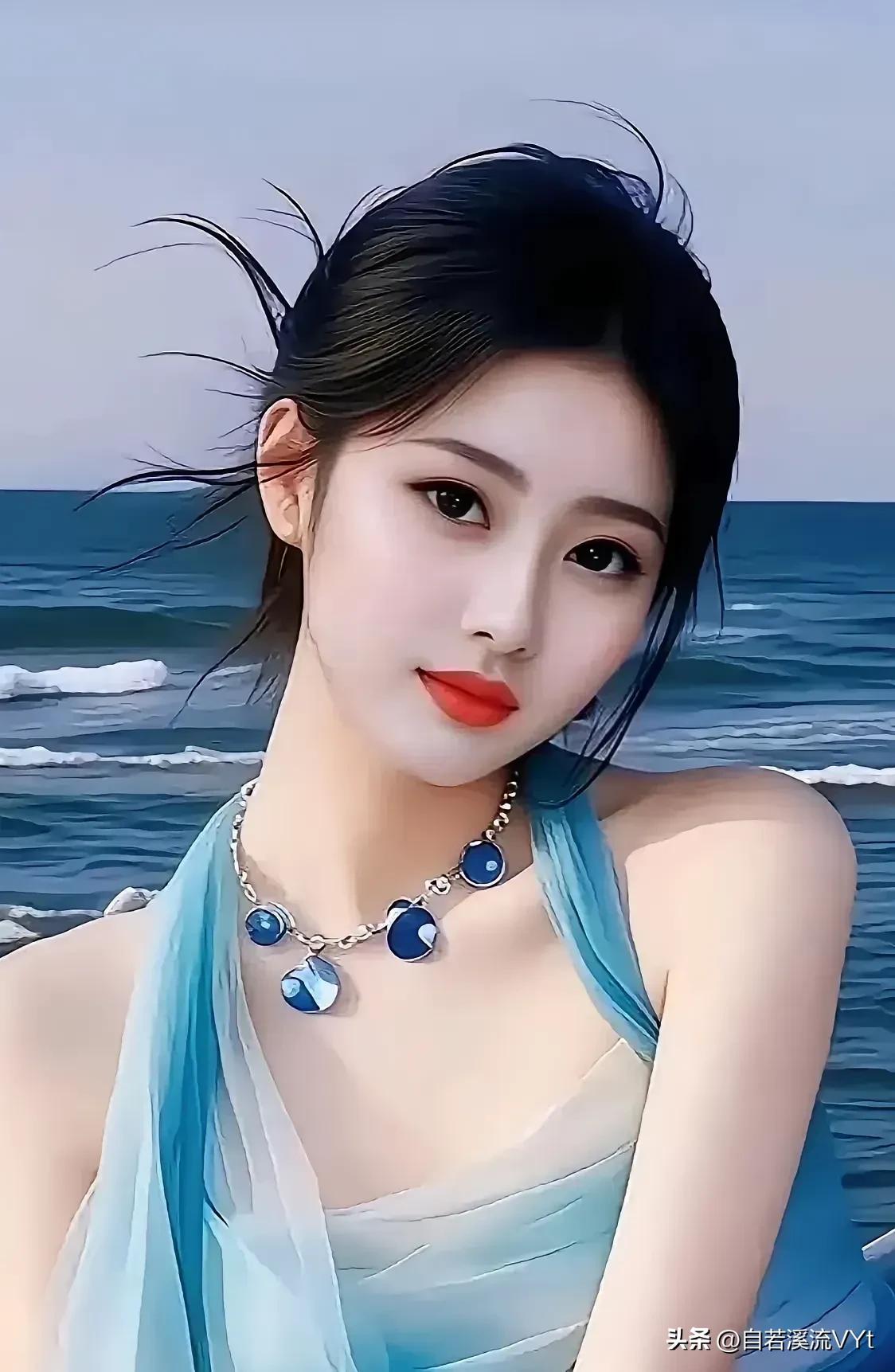 五律·海畔芳姿
 
沧波摇远碧，海风拂云鬟。
素袂凝天翠，珠链映沧澜。
明眸含汐
