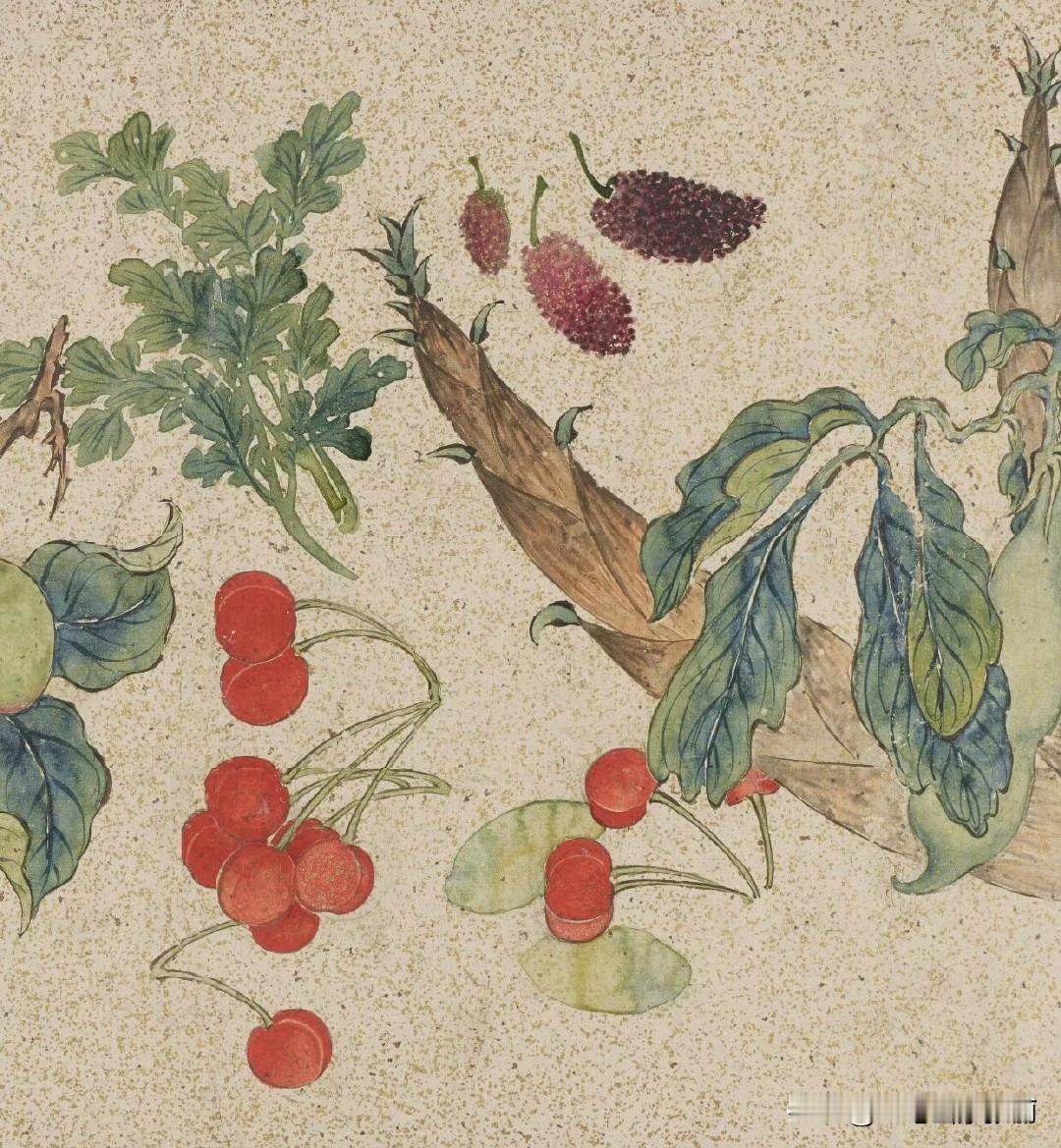 顾洛的《蔬果图》，肯定充满了生活的气息。可以想象，画中的蔬果新鲜饱满，色彩鲜艳，