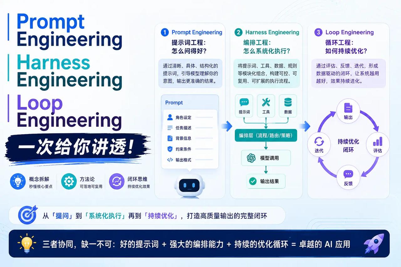 AI三层工程范式全链路拆解
 
整套体系是层层叠加的递进关系，构成「单次提问→可