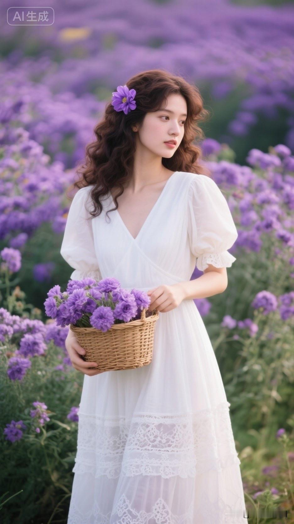 在紫色的花海中，手持花篮的少女，宛如童话中的仙子。