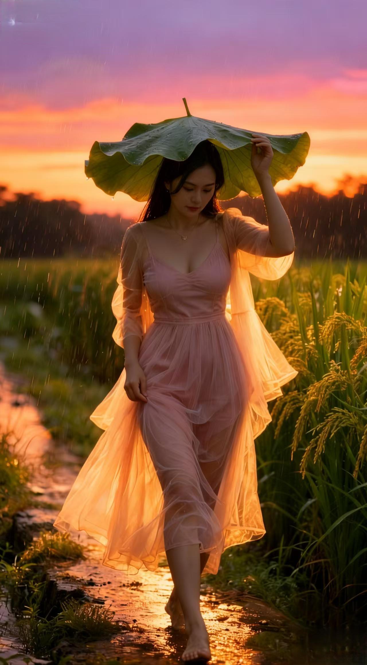 夕阳西下荷作伞
彩霞满天染远畴，疏丝细雨漫平丘。
夕阳西下荷作伞，漫曳罗纱无远愁