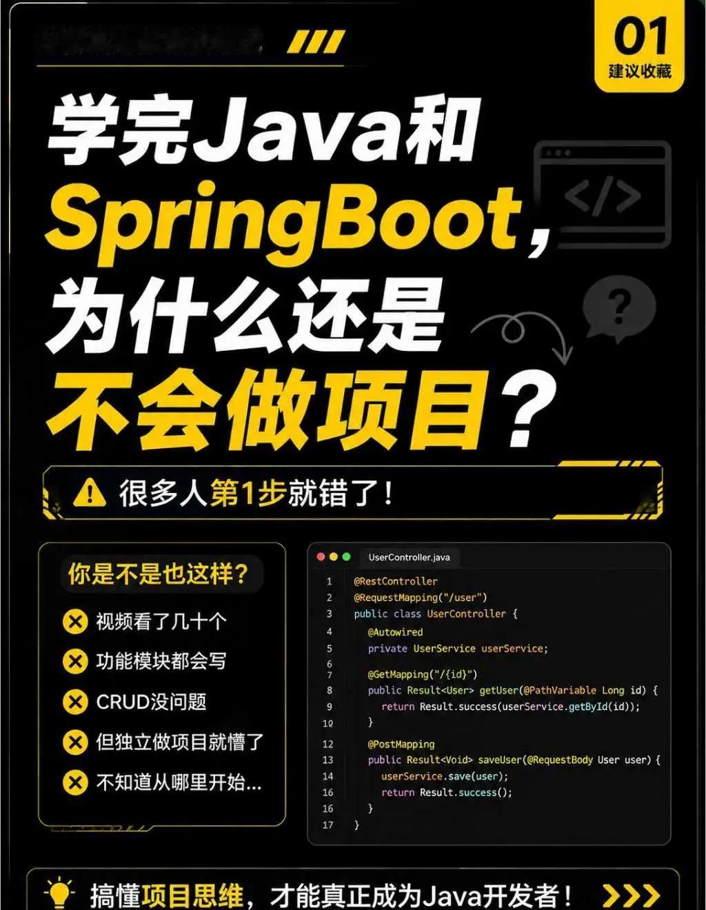 学完Java和SpringBoot，为什么还是不会做？
很多Java学习者都会经