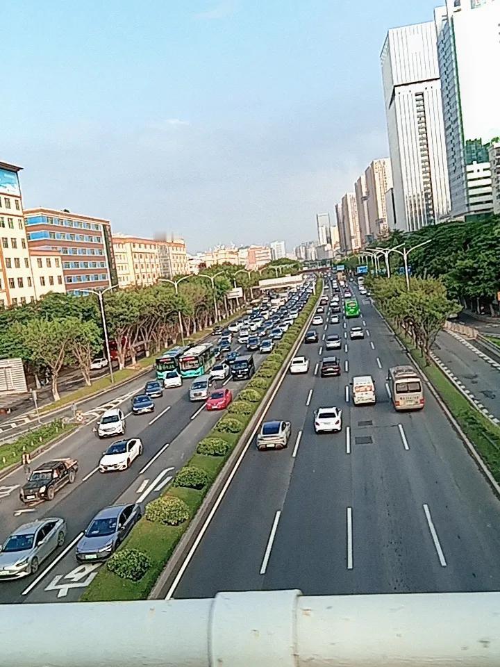 早上七点多，这条宽阔的大道上，车子密密麻麻地挤成了长队，汽车一辆挨着一辆，车辆有