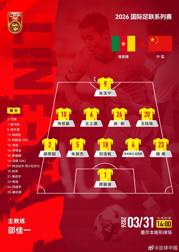 #国足两场首发变动#FIFA系列赛，国足vs喀麦隆首发出炉，球队变阵541以守为