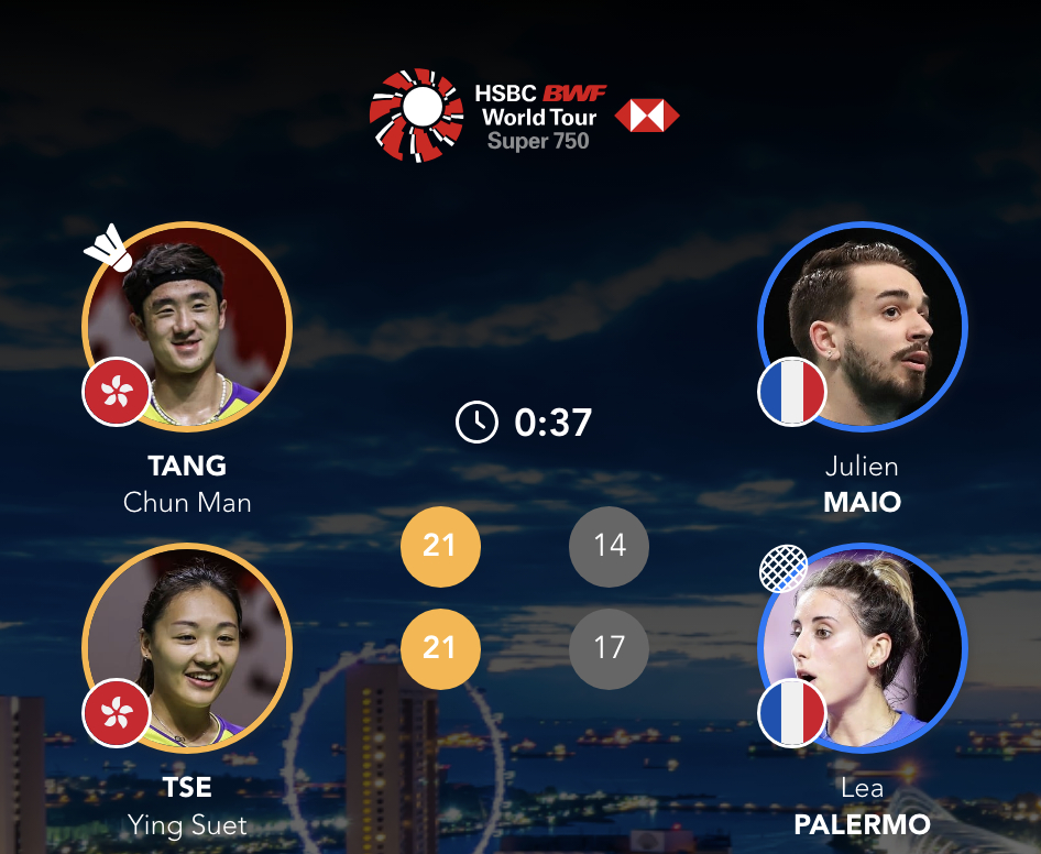 邓俊文/谢影雪🇭🇰 21-14、21-17 🇫🇷马尤/巴莱尔莫2026年