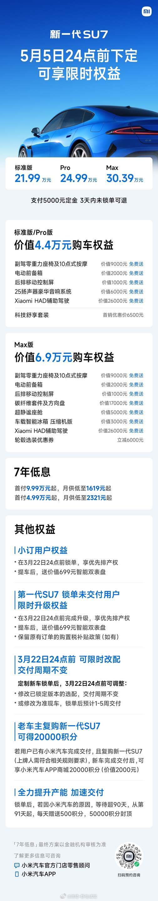 新一代小米SU7上市21.99万元，较老款涨价4000-5000不等，大家觉得怎