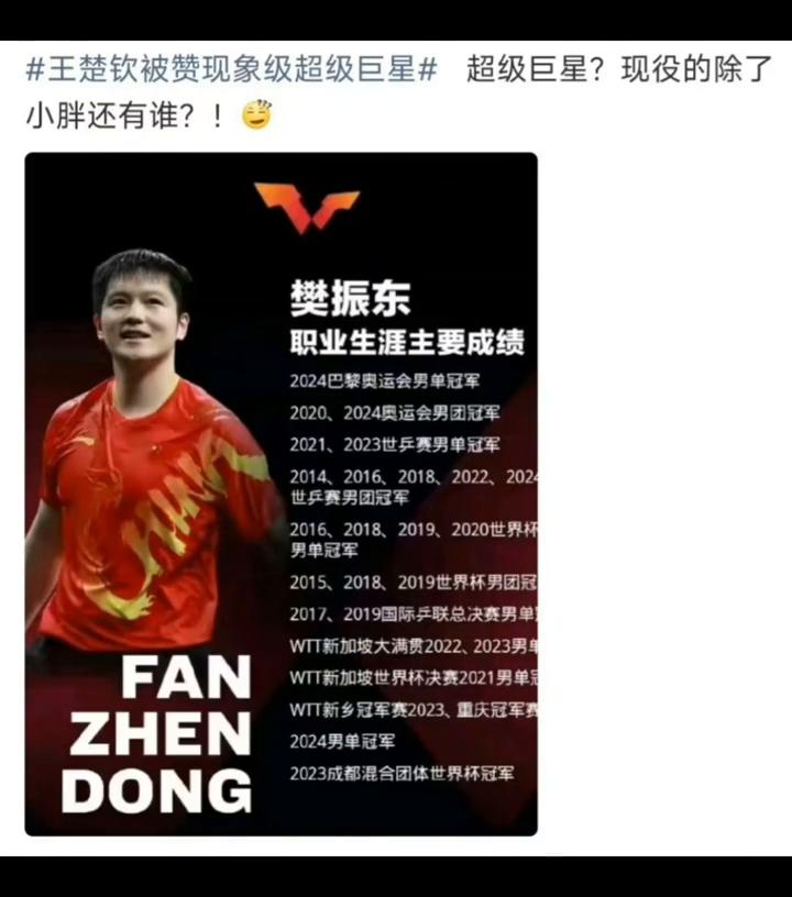 王楚钦被赞现象级超级巨星，超级巨星？现役的除了小胖还有谁？
樊振东，职业生涯主要