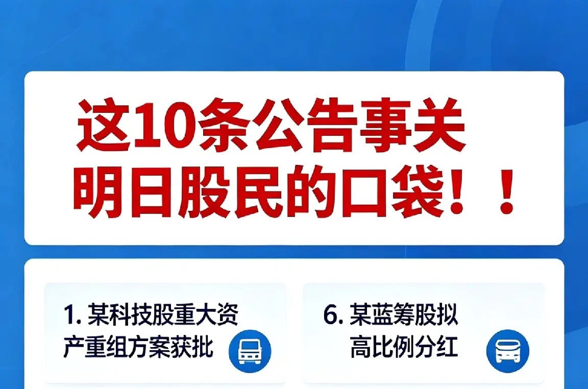 这10条公告事关明日股民的口袋！！今日盘后，A股市场再现公告密集发布潮，10家上