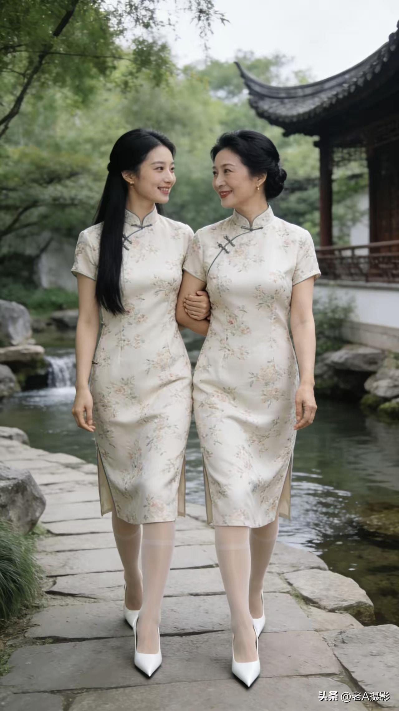 塞鸿秋·江南园林母女
周末相伴园林逛，
白衫旗袍风姿漾。
江南景秀相陪傍，
潺潺