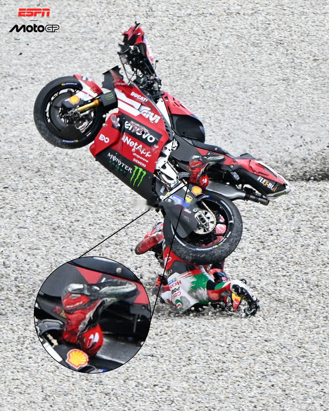 MOTO GP加泰罗尼亚大奖赛一号弯的严重事故中受伤的Johann Zarco，