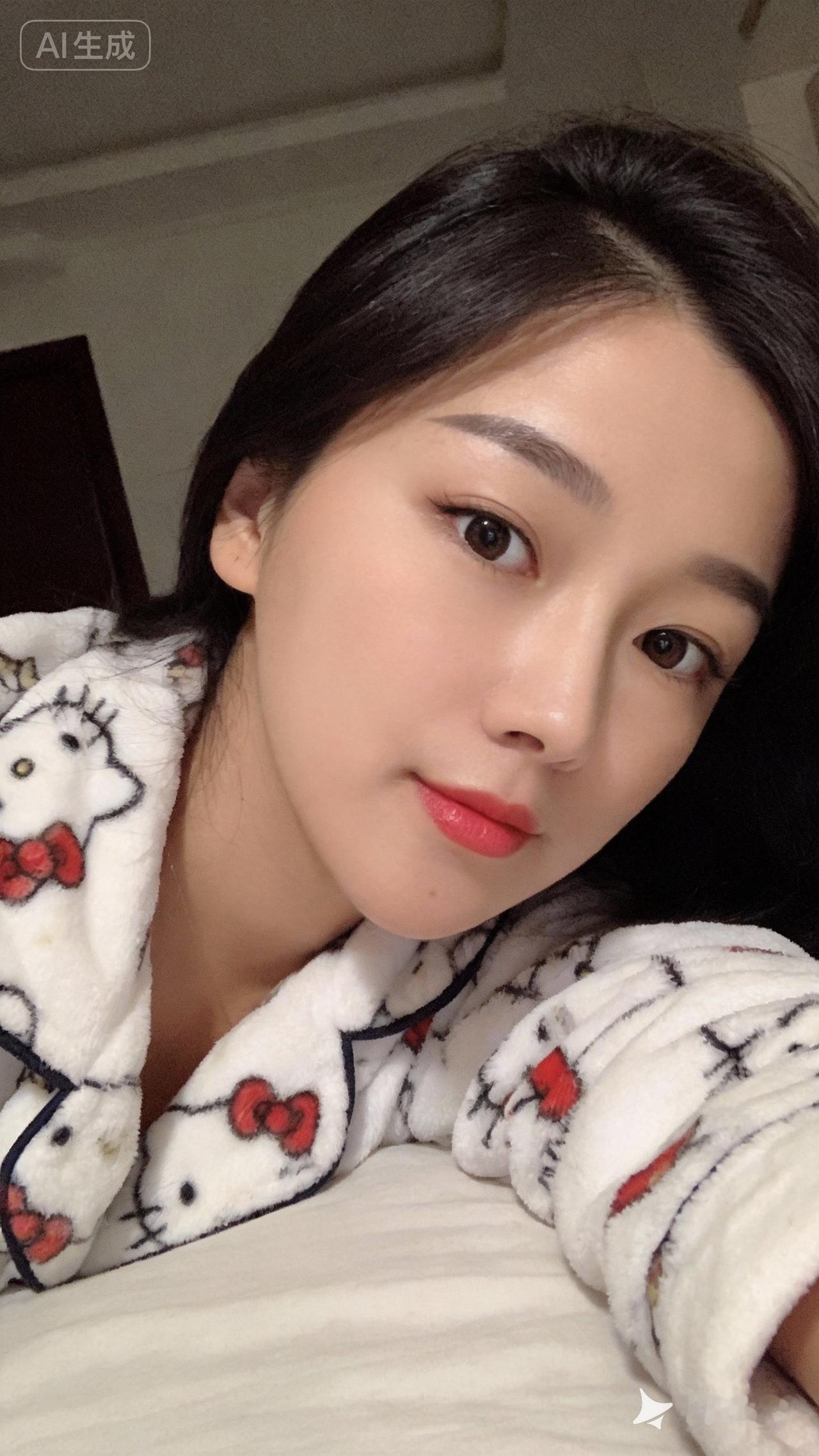 一个20岁御姐美女，纯欲，趴在床上，身穿白色卡通睡衣。拍摄角度略偏斜，光线柔和自