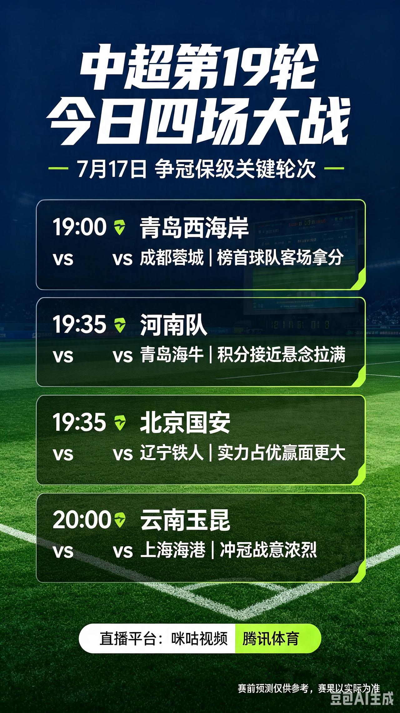 中超第19轮今日四场赛事前瞻！争冠保级全线开战！
    今天是7月17日，中超