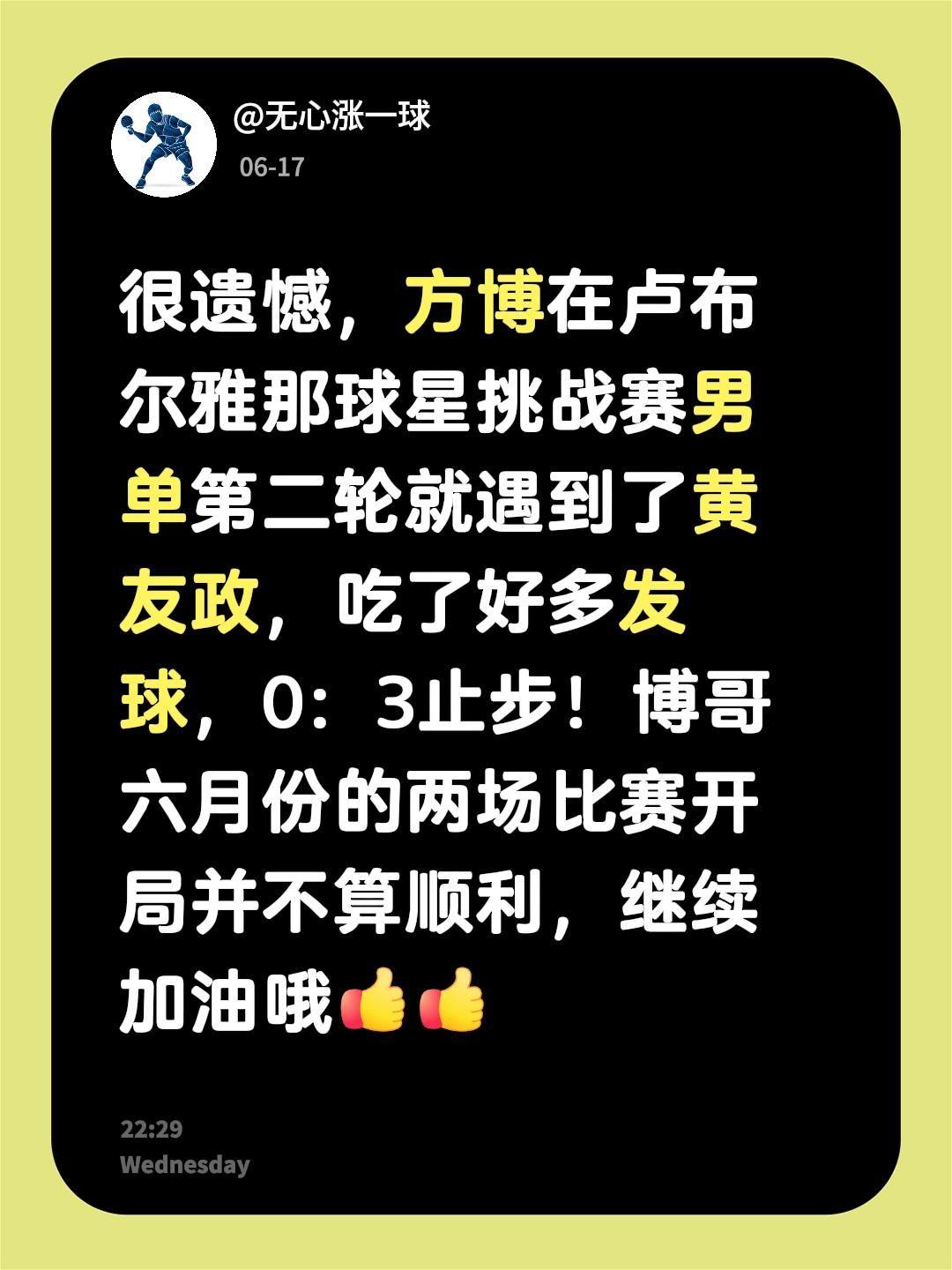 很遗憾，方博在卢布尔雅那球星挑战赛男单第二轮就遇到了黄友政，吃了好多发球，0：3