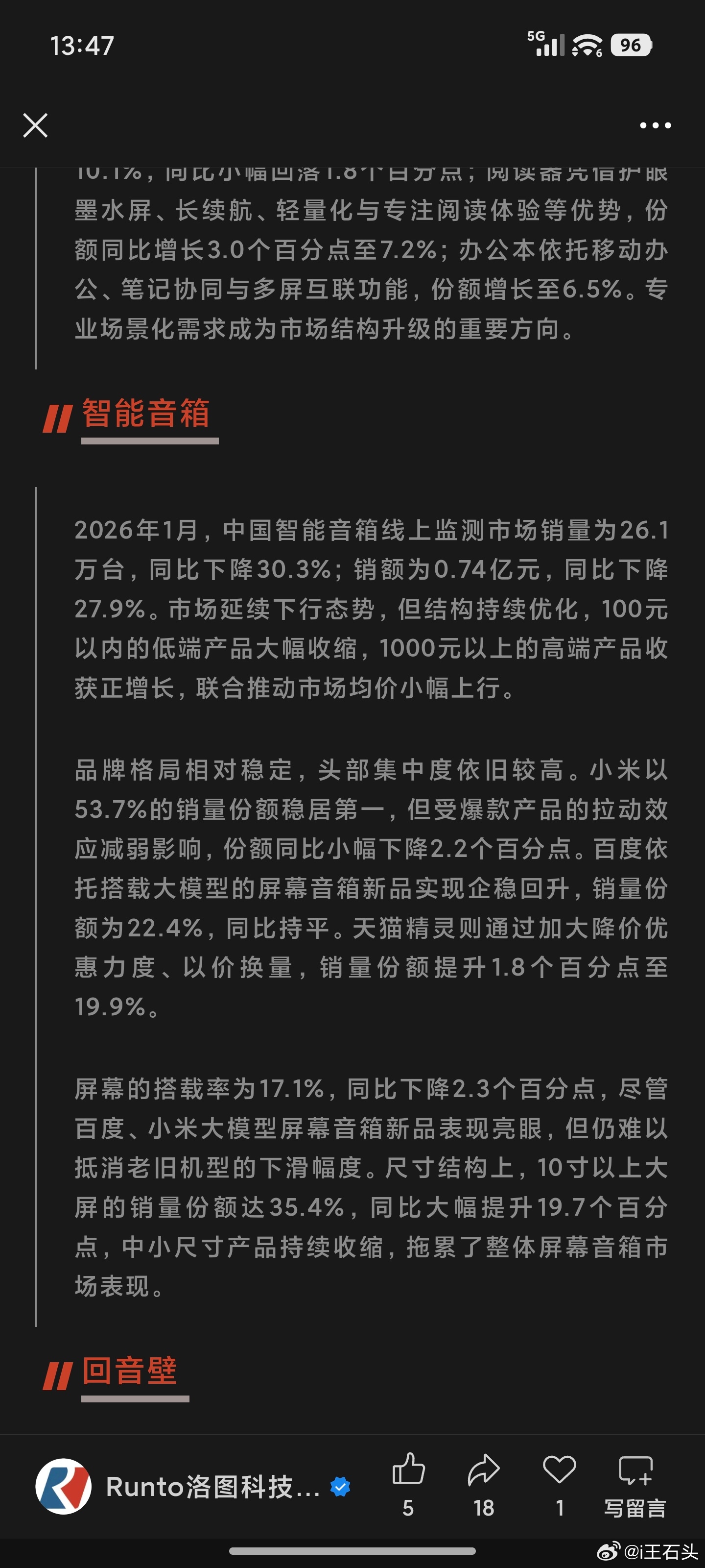 2026年1月，中国智能音箱线上监测市场销量为26.1万台，小米以53.7%的销