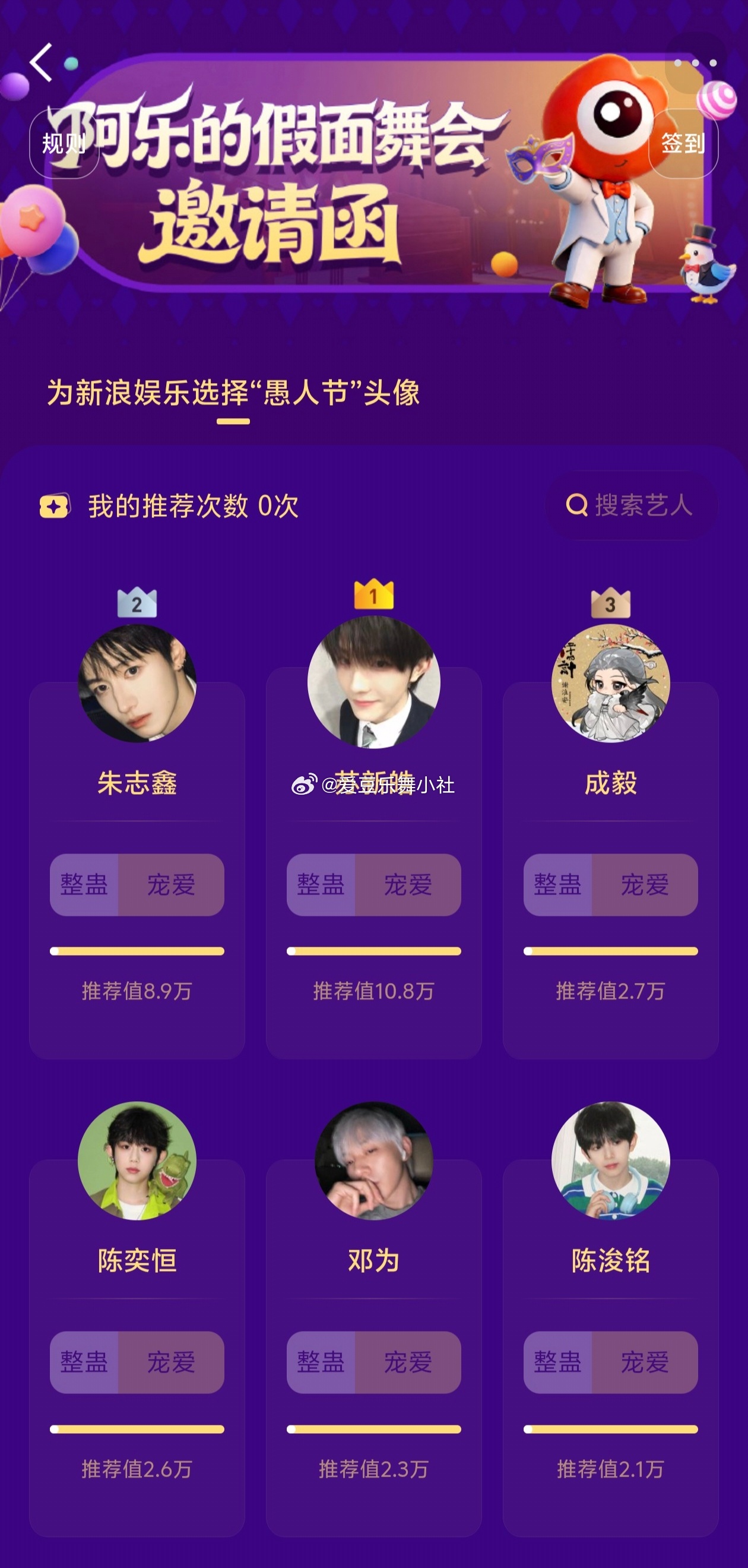 新浪娱乐又要换头像了 阿乐的假面舞会：苏新皓 朱志鑫 成毅 陈奕恒 邓为 陈浚铭