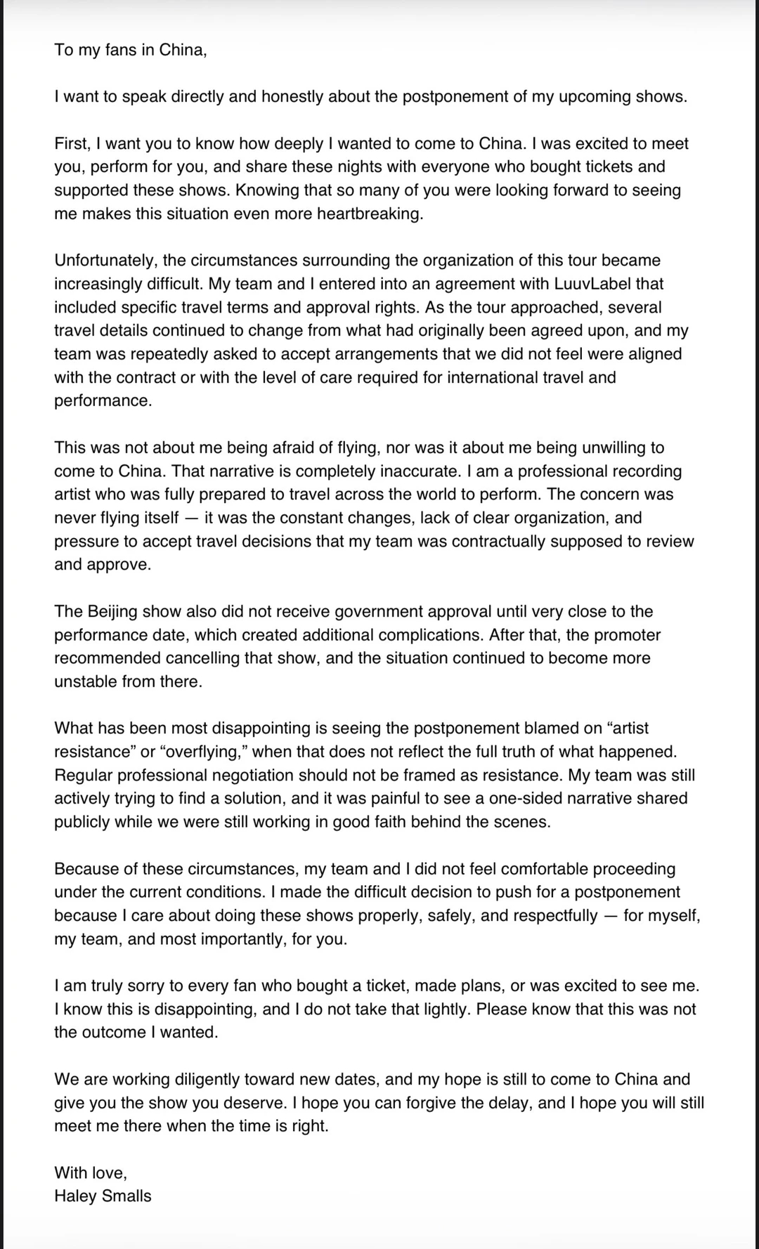 Haley Smalls 分享了一封信给大家，解释早前主办方取消北京站的声明之中