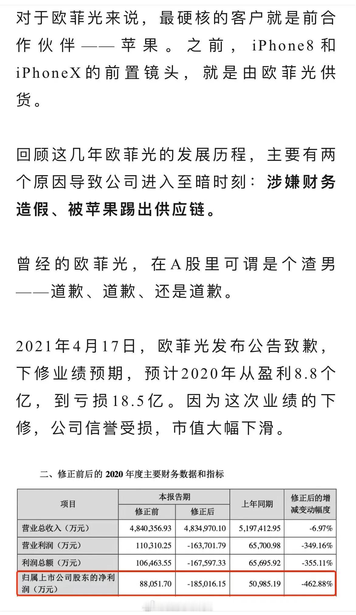 欧菲光董事长坦言，被苹果踢出“果链”之后，营业额从500亿跌成不到150亿，绝望