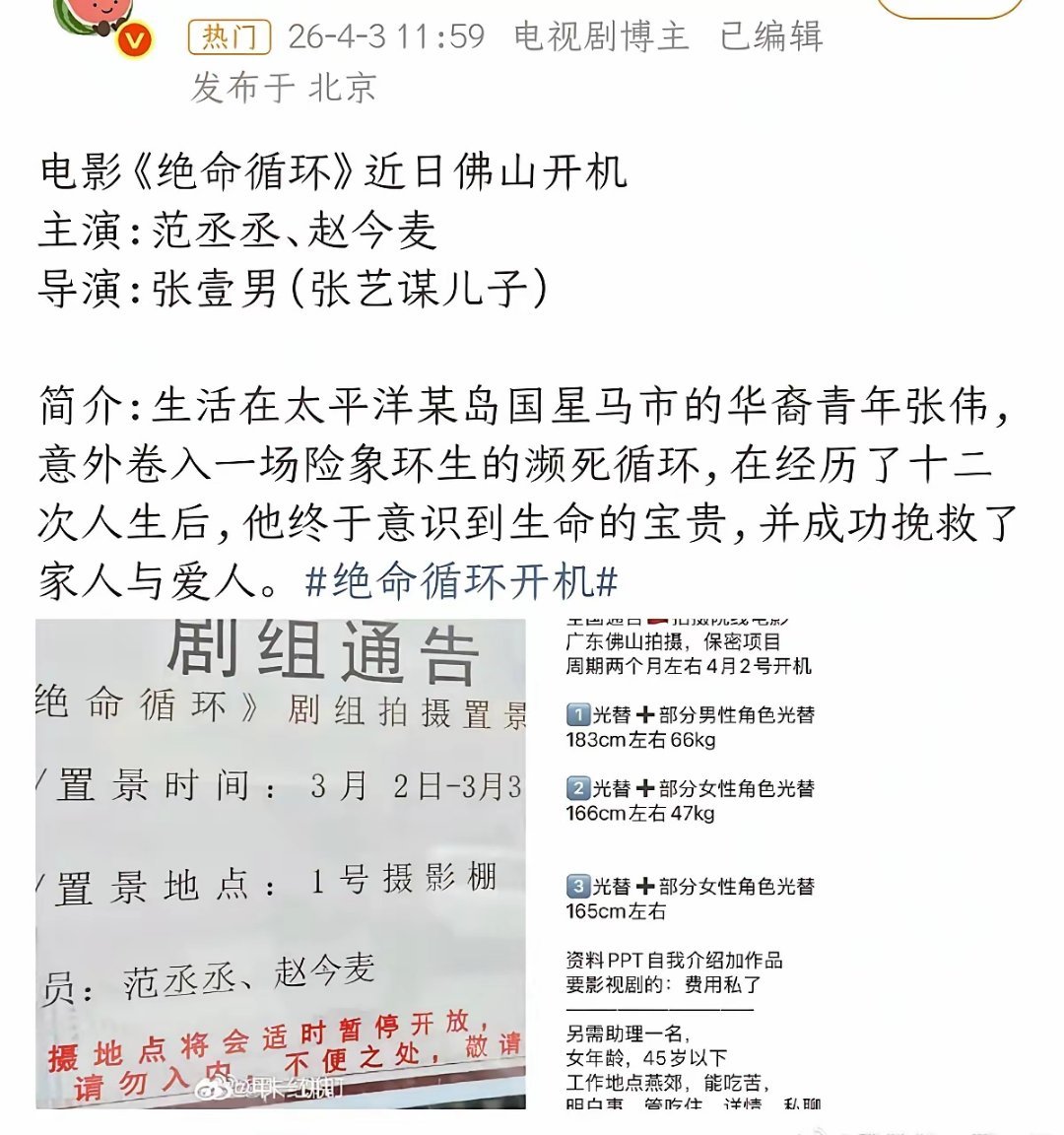 电影《绝命循环》导演张艺谋的儿子一番范丞丞、二番赵今麦范丞丞一番电影《了不起的夜