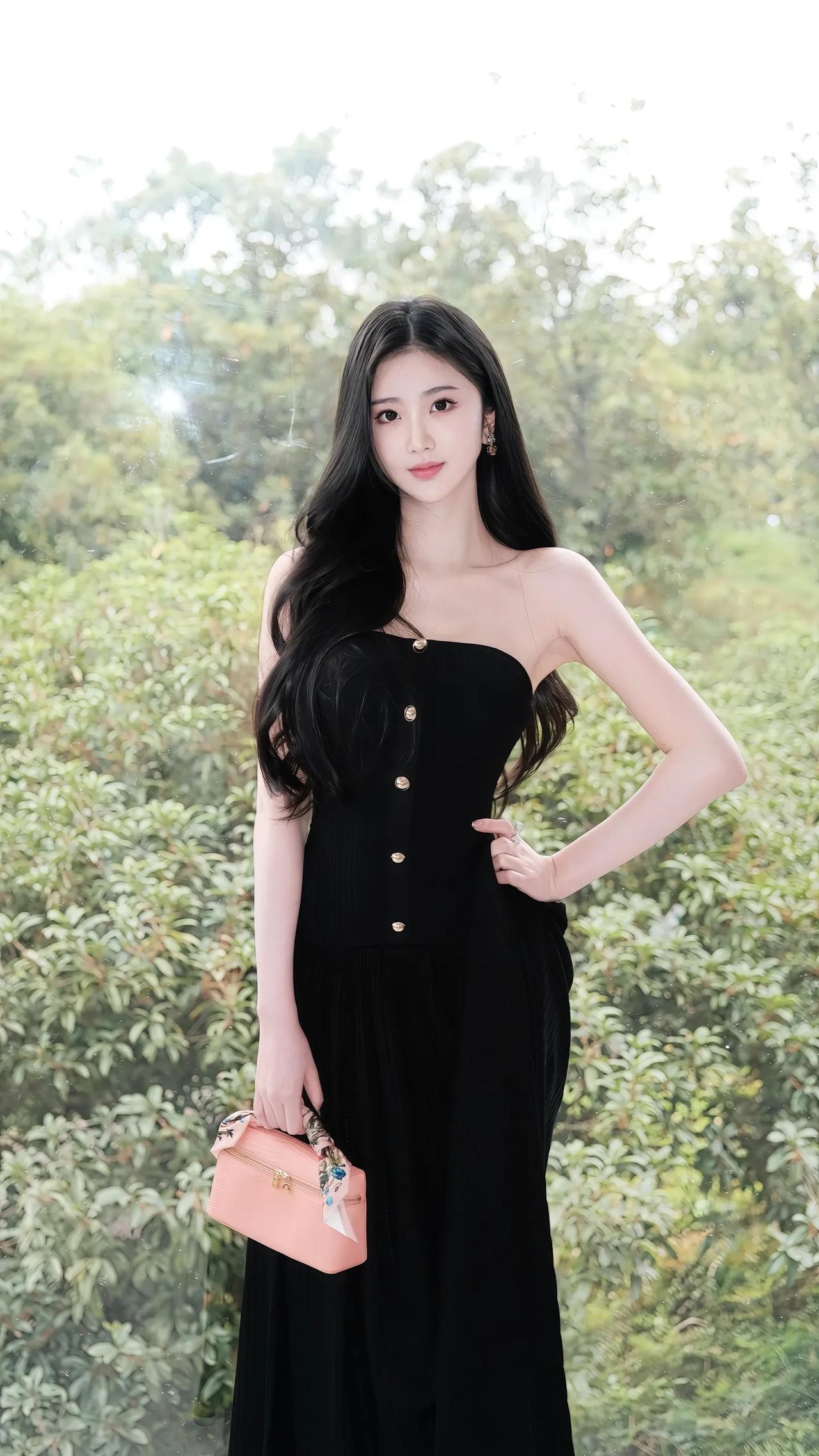 优雅黑裙，自然绿意，时尚与自然的完美融合。