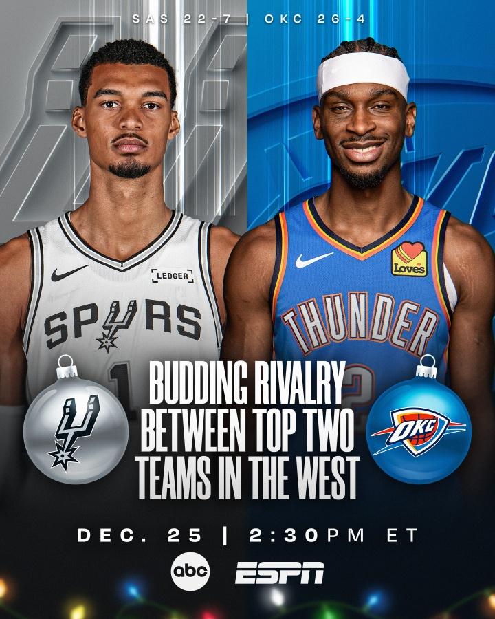 雷霆马刺又来圣诞大战，马刺能否第3次击败卫冕冠军？

雷霆和马刺最近是杠上了，先