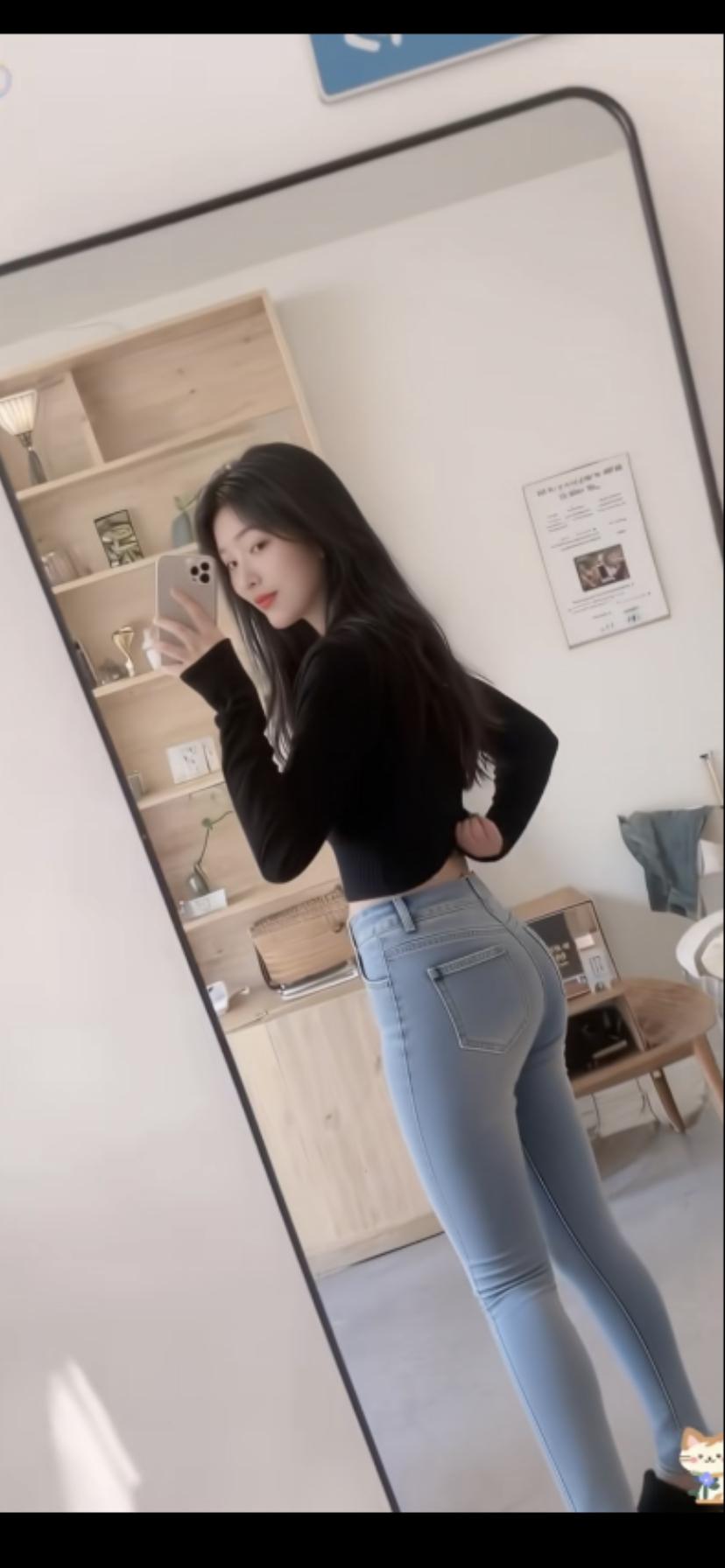 自拍时刻，牛仔裤和黑上衣的搭配。