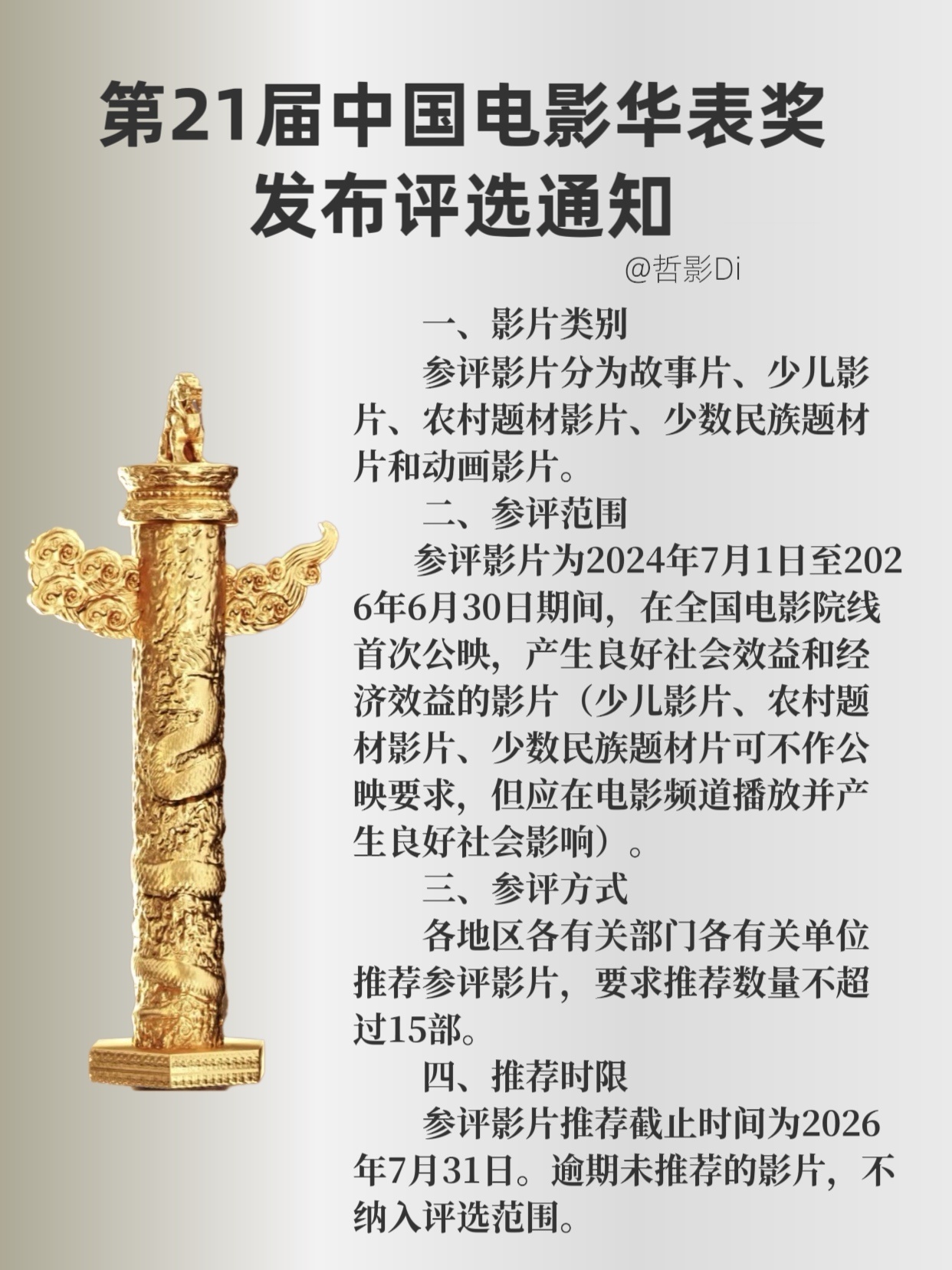 第21届华表奖发布评选通知，宣布本届华表奖分为故事片、少儿影片、农村题材影片、少