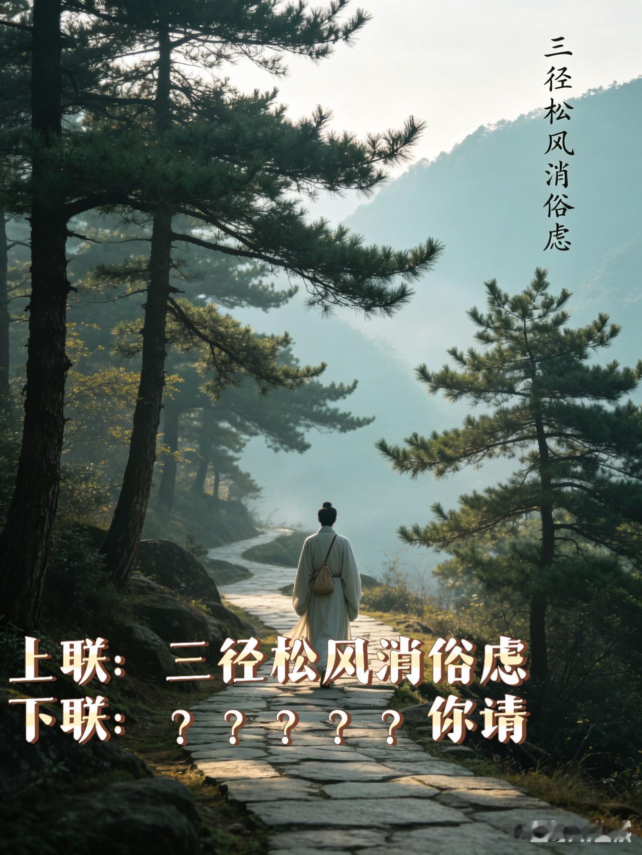 三径松风消俗虑，山间松风涤荡尘心
 
上联：三径松风消俗虑
下联：？？？？？你请