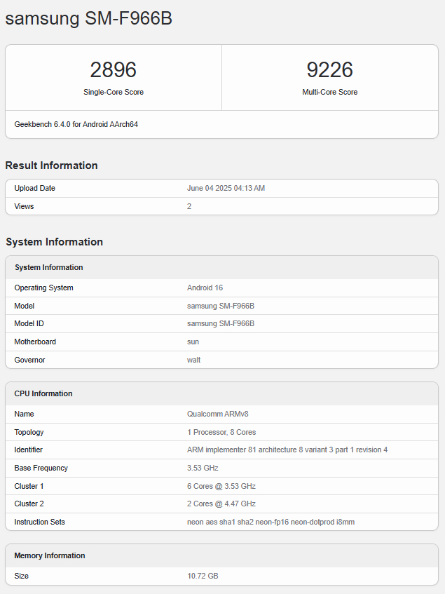 Galaxy Z Fold7 (SM-F966B) 在 Geekbench 最新