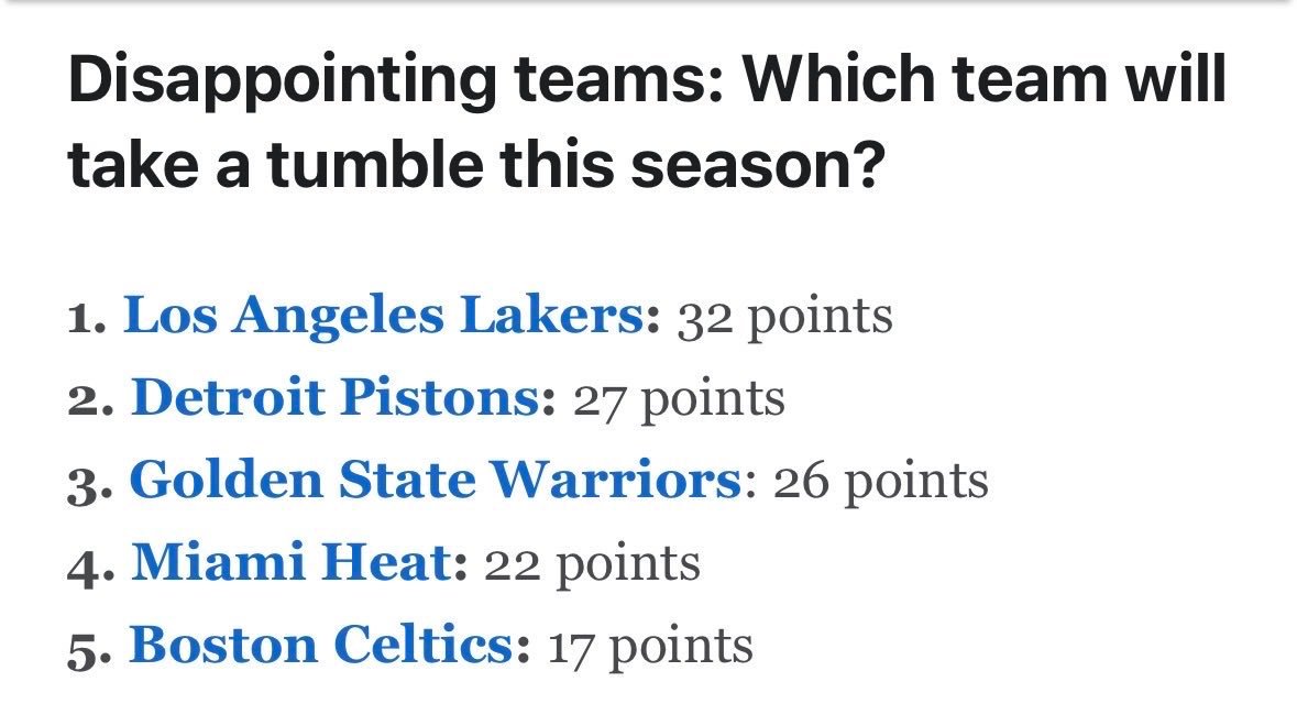 ESPN预测下赛季哪些球队会让人失望，湖人排名第一。[doge]NBA[超话] 