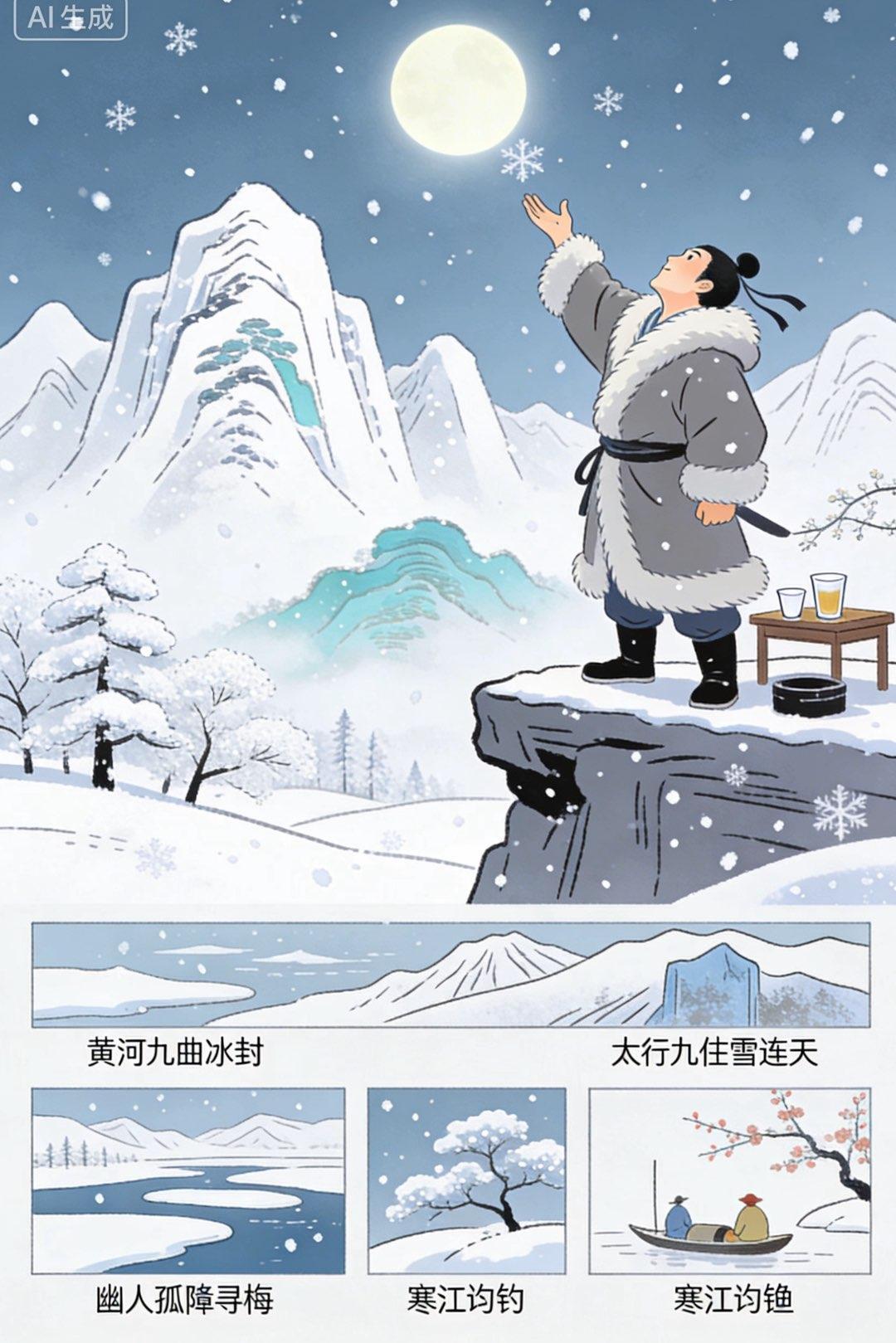 大雪醉歌（珠乡小女）

皓气凝空万里寒，玉龙战罢碎鳞残。
千峰削玉遮青霭，万树裁