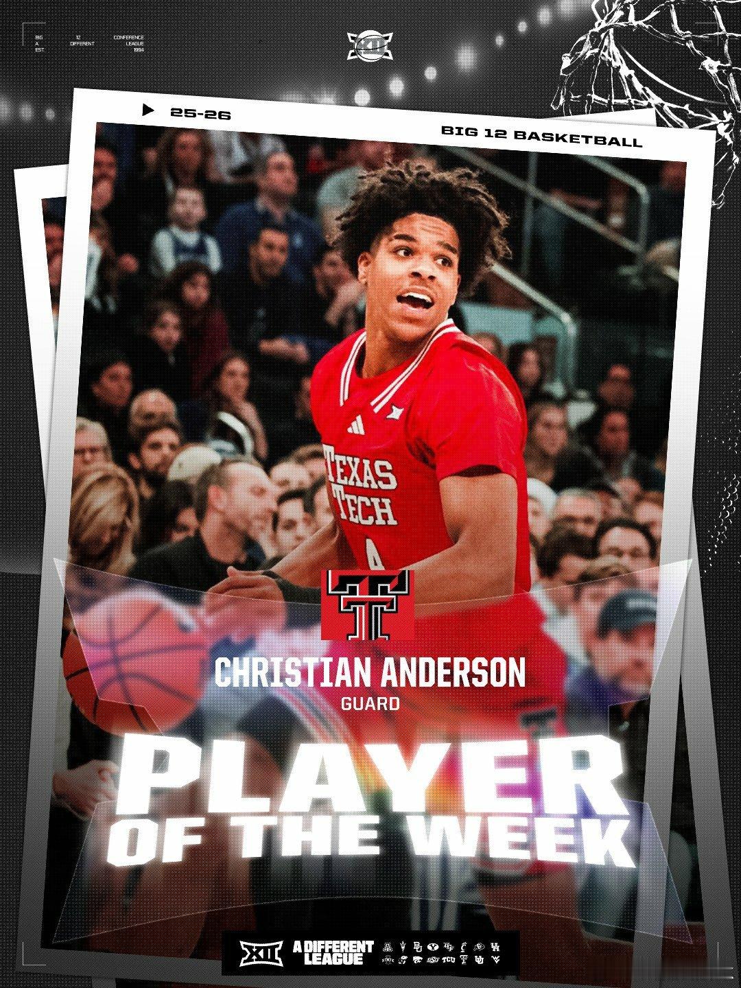 Big 12联盟第7周表现奖（2025-2026赛季）。 最佳球员：Christ