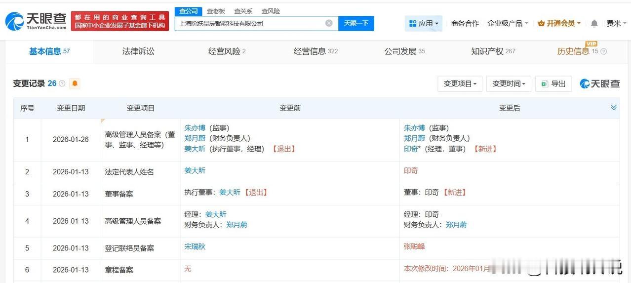 【印奇任阶跃星辰法定代表人 阶跃星辰换帅完成工商变更】
天眼查App显示，近日，