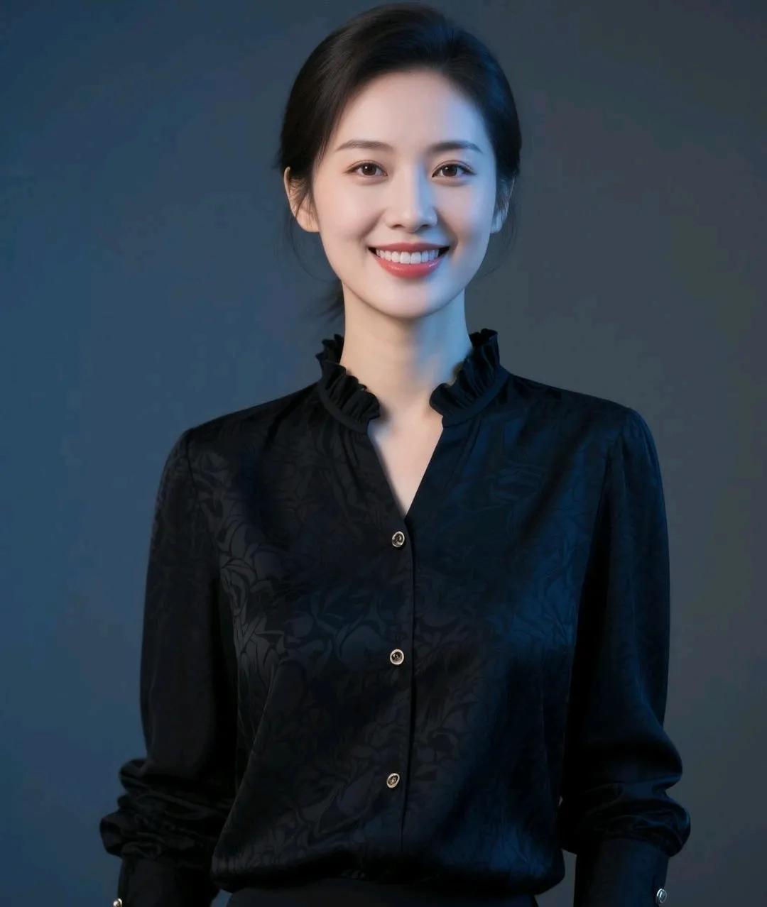这位小姐姐穿着黑色印花衬衫，微笑着看向镜头。