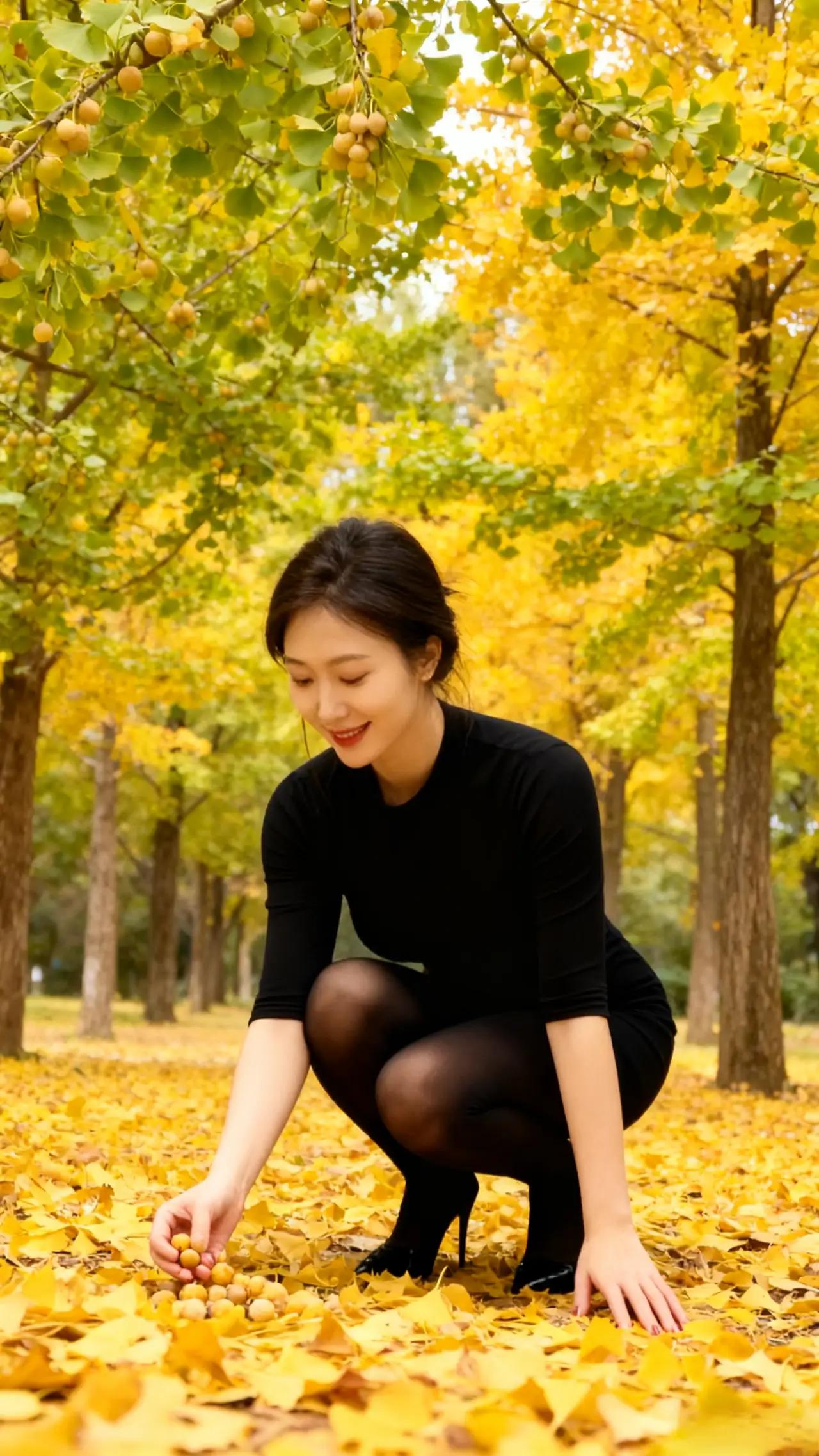 金黄色的银杏叶，优雅高挑漂亮的靓丽美女，好像是一副美丽的画卷！