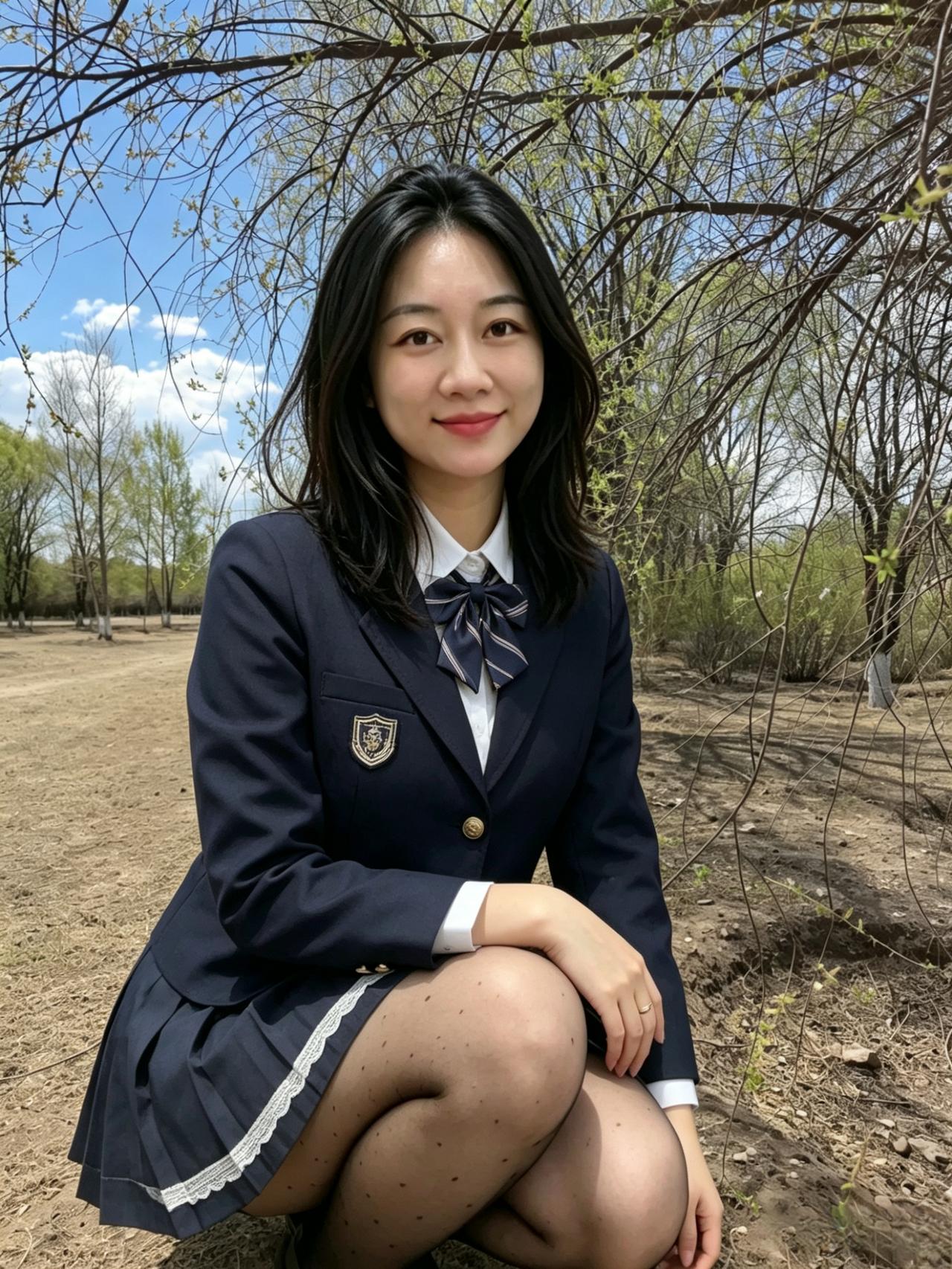 藏青制服衬春晴，
领结轻垂笑意明。
蹲倚疏枝风拂发，
少年意气满郊亭。